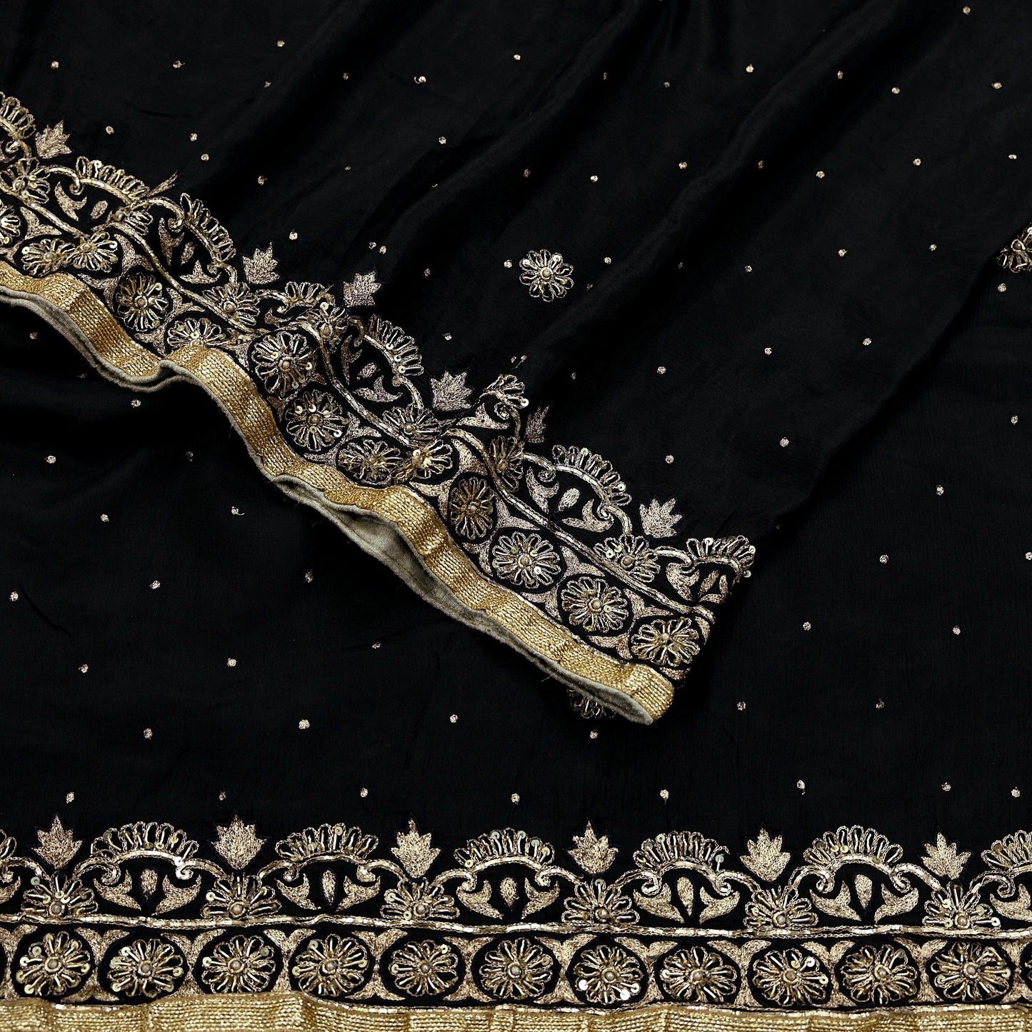 Indian Vintage Black Dupatta Pure silk Long Stole Hand Embroidered Scarves Floral Design Stole Veil Wrap Zari Zardozi