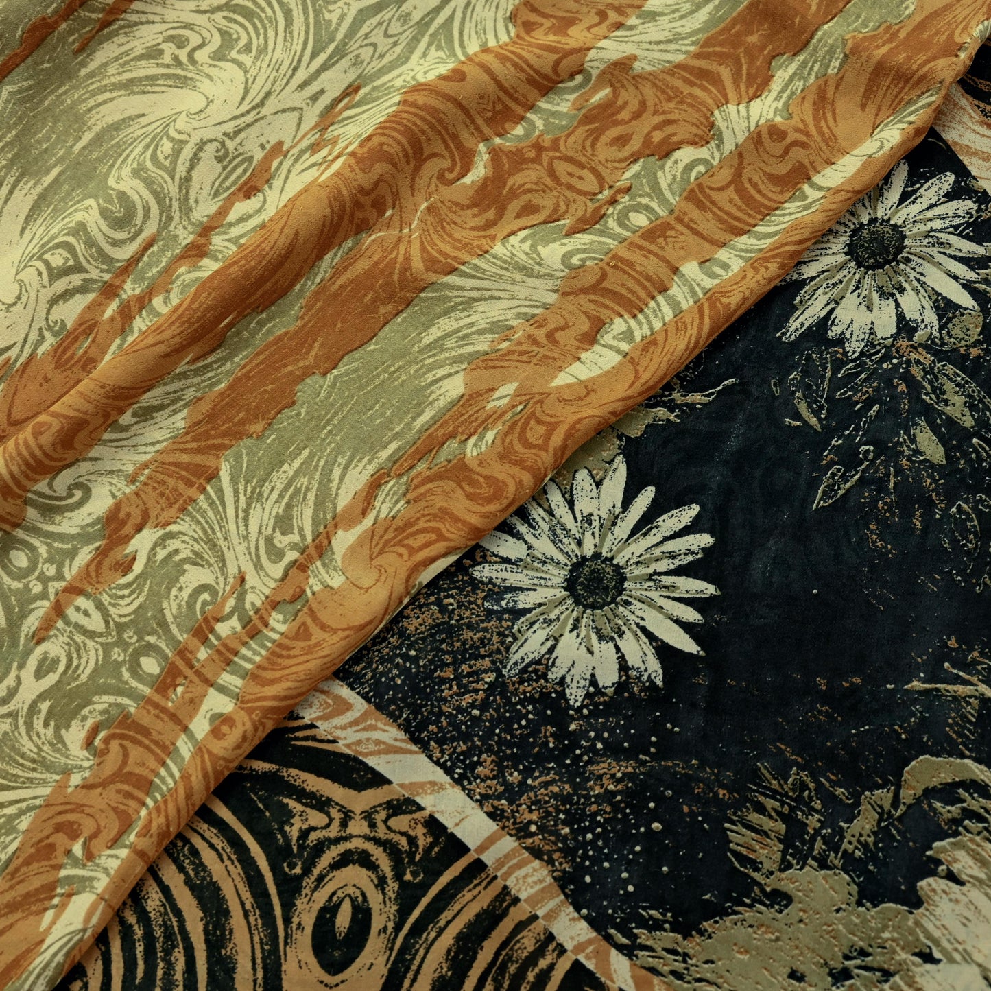 Indian Vintage Sari Beige & Black Pure Georgette Silk Printed Sarees Craft Fabric Sewing 5Yd Soft Dress Making Crafting Quilting Upcycle