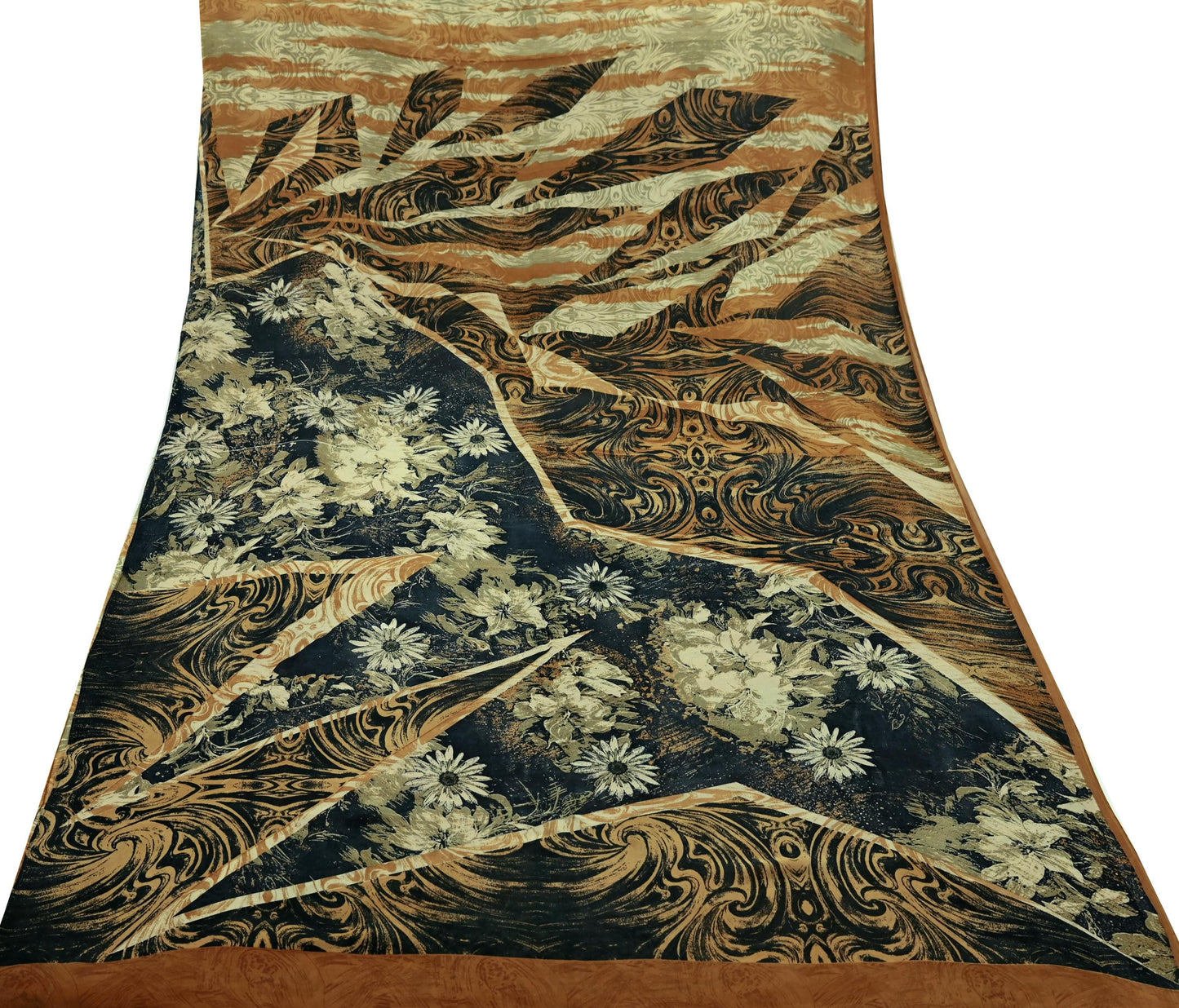 Indian Vintage Sari Beige & Black Pure Georgette Silk Printed Sarees Craft Fabric Sewing 5Yd Soft Dress Making Crafting Quilting Upcycle