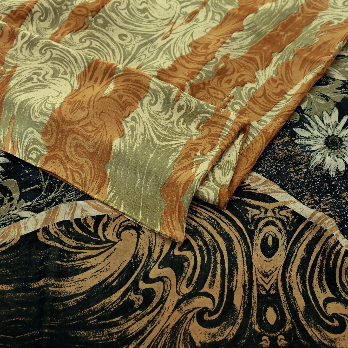 Indian Vintage Sari Beige & Black Pure Georgette Silk Printed Sarees Craft Fabric Sewing 5Yd Soft Dress Making Crafting Quilting Upcycle