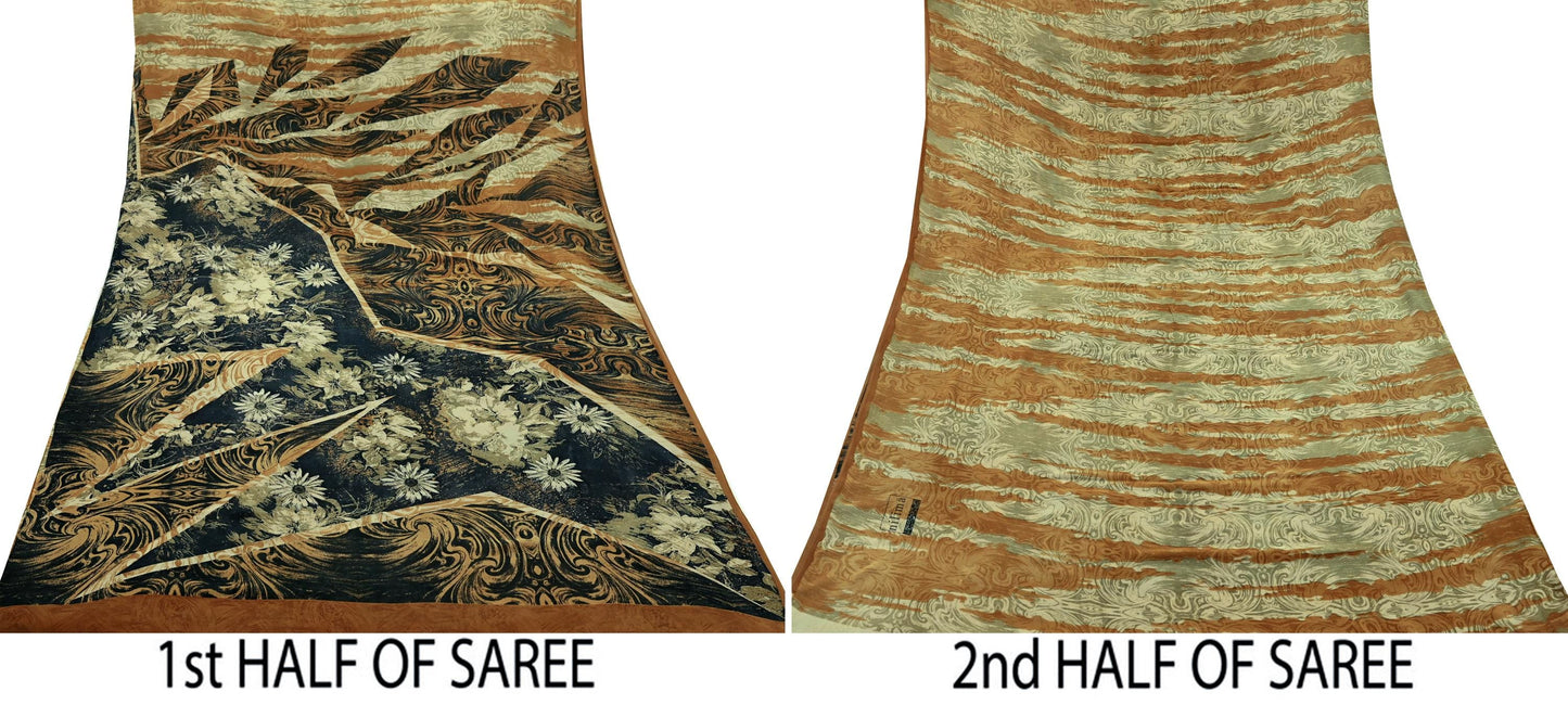 Indian Vintage Sari Beige & Black Pure Georgette Silk Printed Sarees Craft Fabric Sewing 5Yd Soft Dress Making Crafting Quilting Upcycle