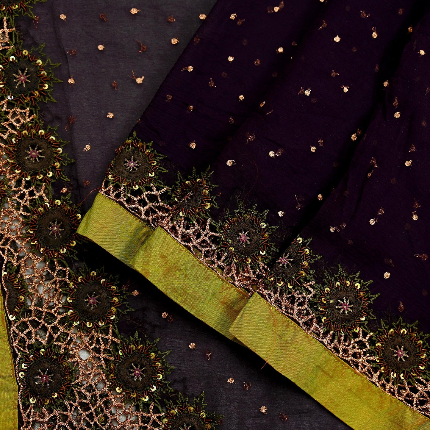 Indian Vintage Purple Dupatta Pure Chiffon silk Long Stole Hand Embroidered Scarves Floral Design Stole Veil Wrap Zari Zardozi