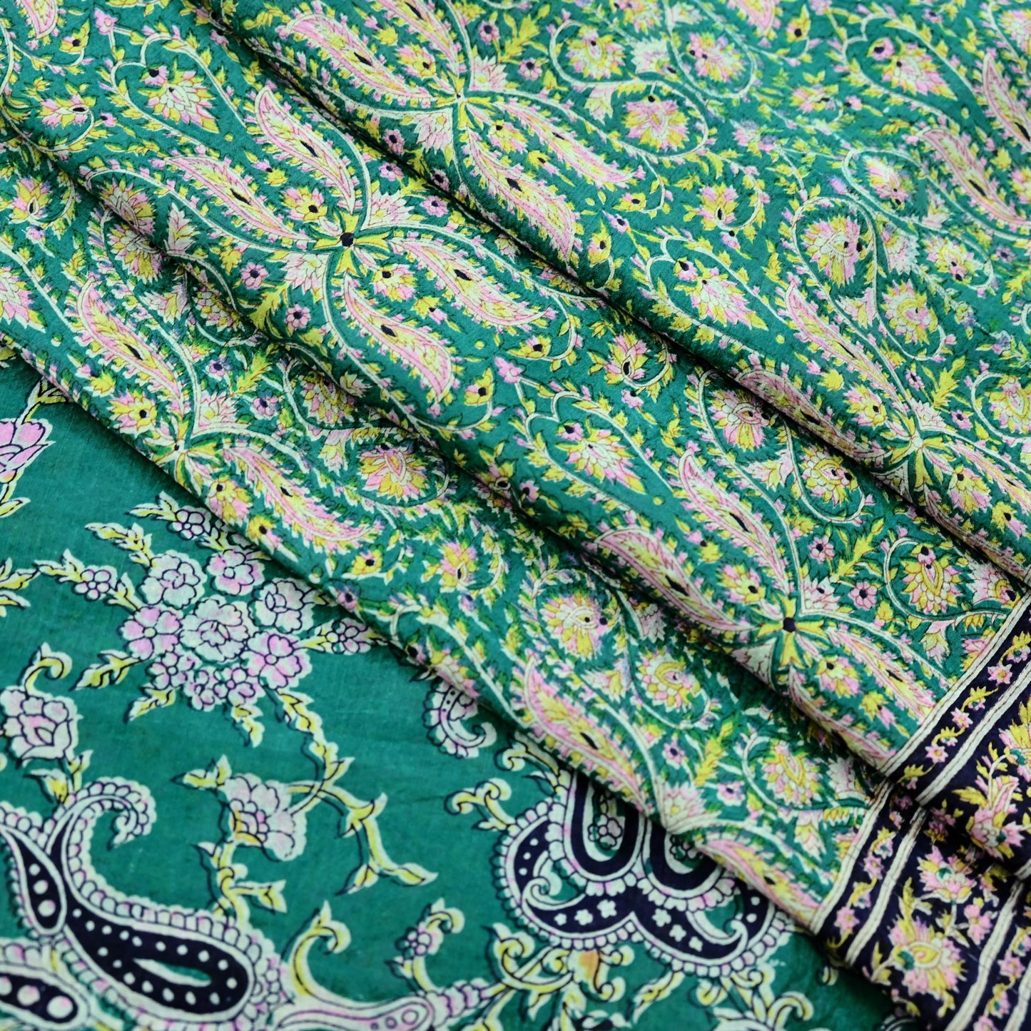 Indian Vintage Sari Green & Blue 100% Pure Silk Printed Sarees 5yd Sewing Craft Fabric Dress Making Soft Wrap Crafting Quilting Upcycle