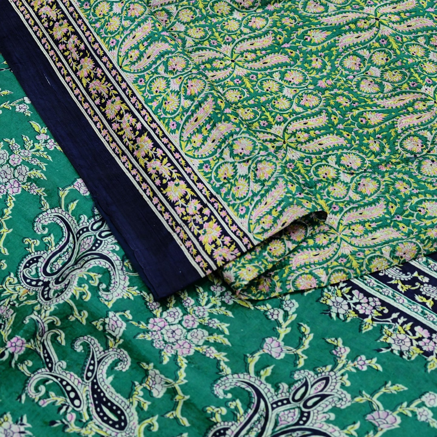 Indian Vintage Sari Green & Blue 100% Pure Silk Printed Sarees 5yd Sewing Craft Fabric Dress Making Soft Wrap Crafting Quilting Upcycle