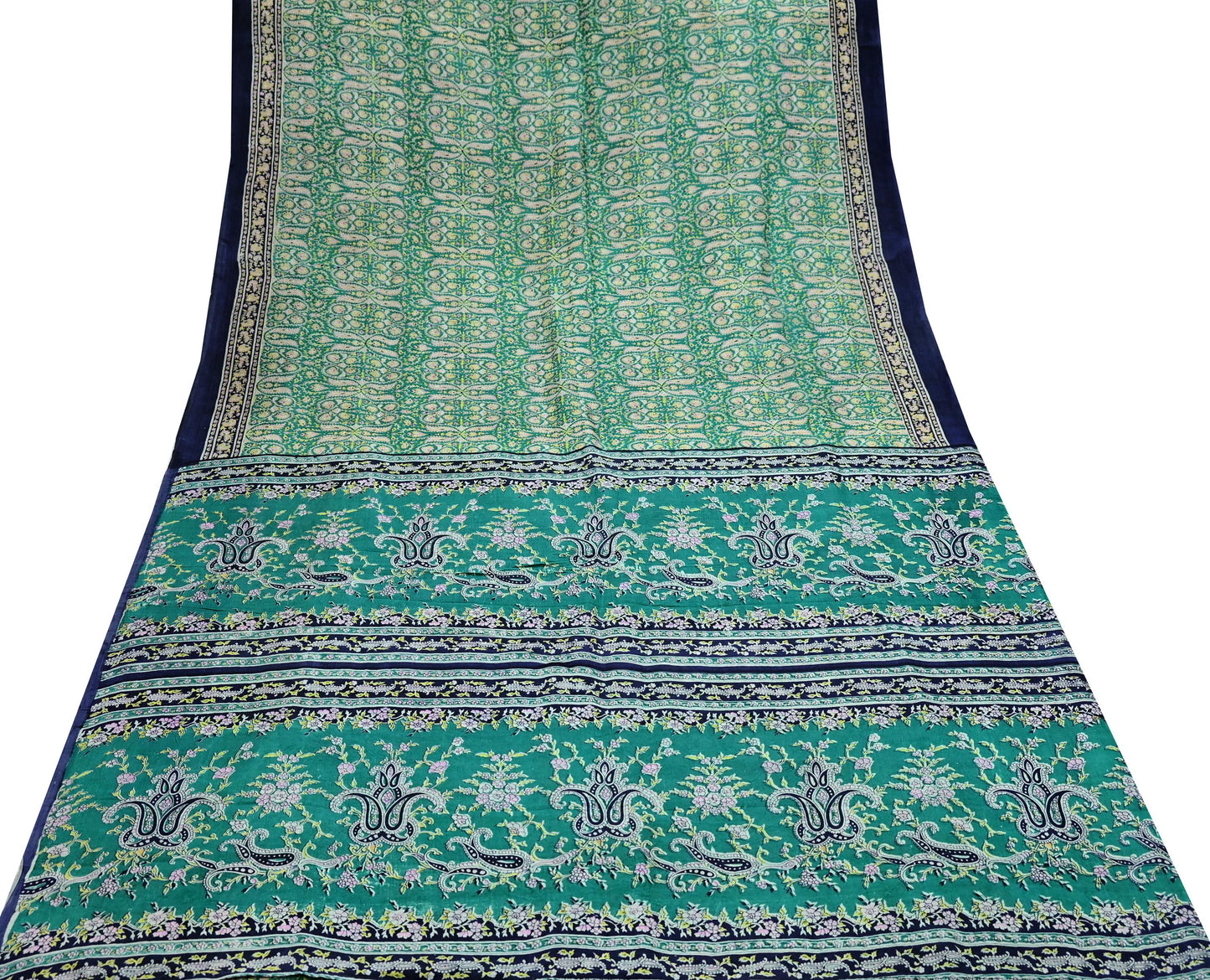 Indian Vintage Sari Green & Blue 100% Pure Silk Printed Sarees 5yd Sewing Craft Fabric Dress Making Soft Wrap Crafting Quilting Upcycle