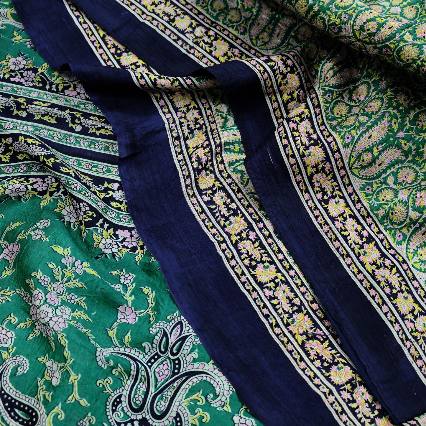 Indian Vintage Sari Green & Blue 100% Pure Silk Printed Sarees 5yd Sewing Craft Fabric Dress Making Soft Wrap Crafting Quilting Upcycle