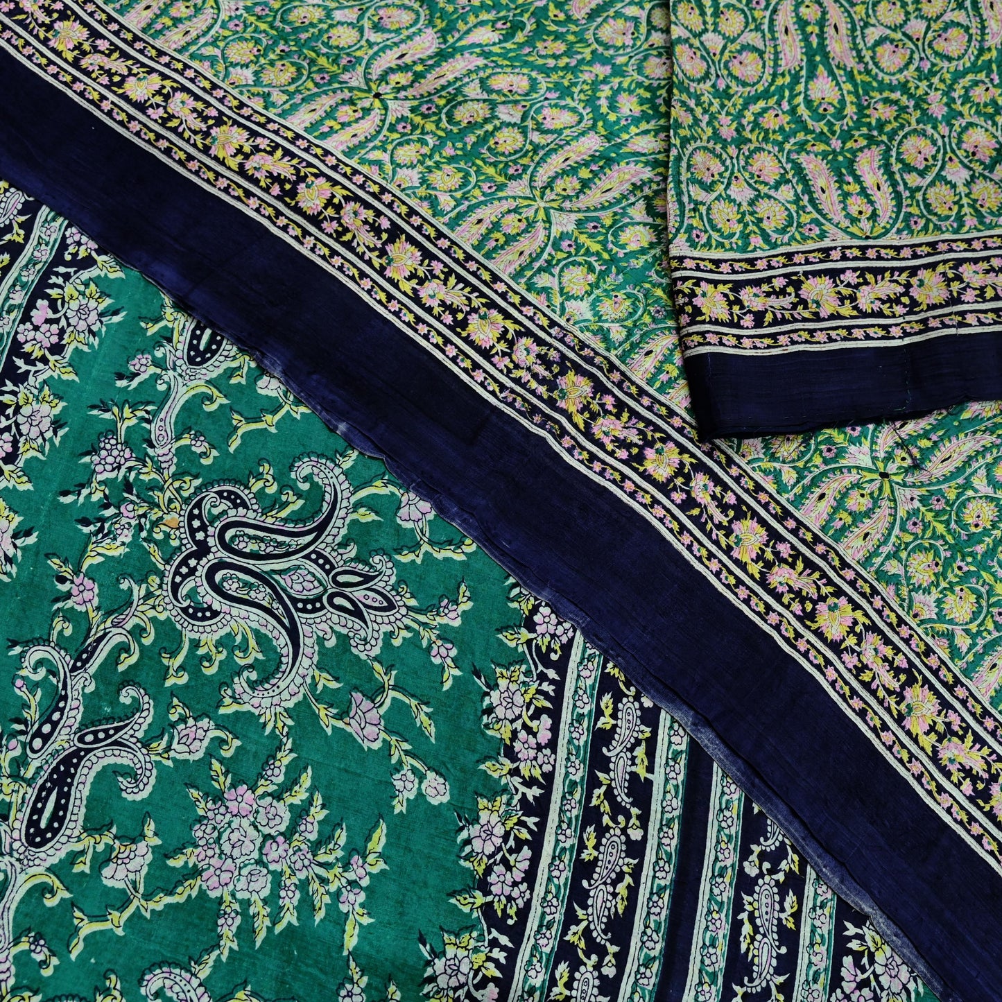 Indian Vintage Sari Green & Blue 100% Pure Silk Printed Sarees 5yd Sewing Craft Fabric Dress Making Soft Wrap Crafting Quilting Upcycle