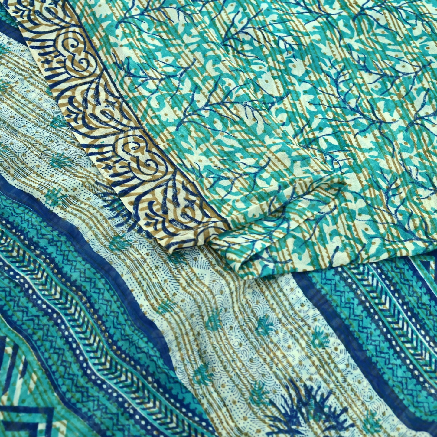 Women Vintage Sari Ivory & Green 100% Pure Georgette Silk Block Printed Saree Craft Fabric Sewing 5Yd Soft Sari Dress Making Quilting