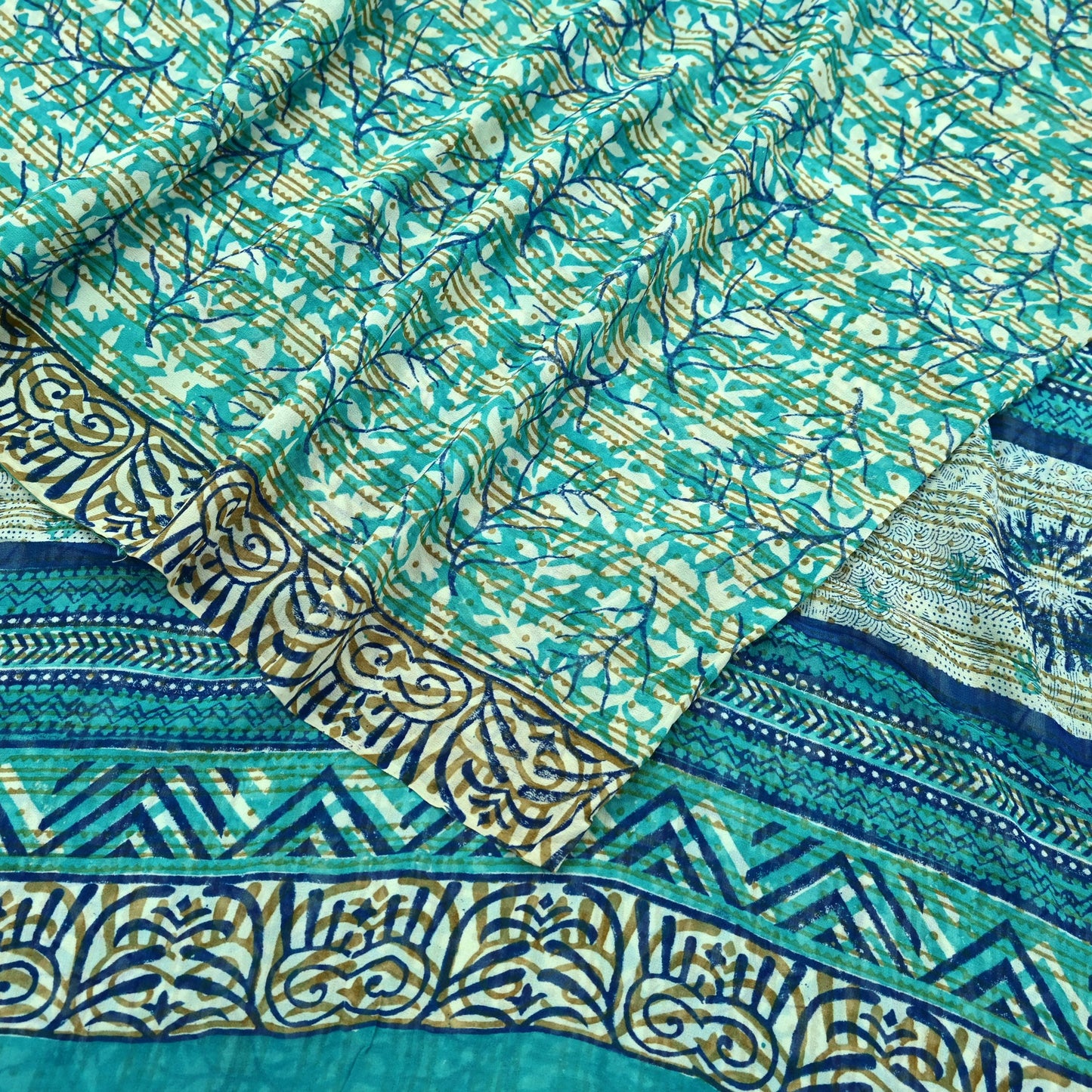 Women Vintage Sari Ivory & Green 100% Pure Georgette Silk Block Printed Saree Craft Fabric Sewing 5Yd Soft Sari Dress Making Quilting