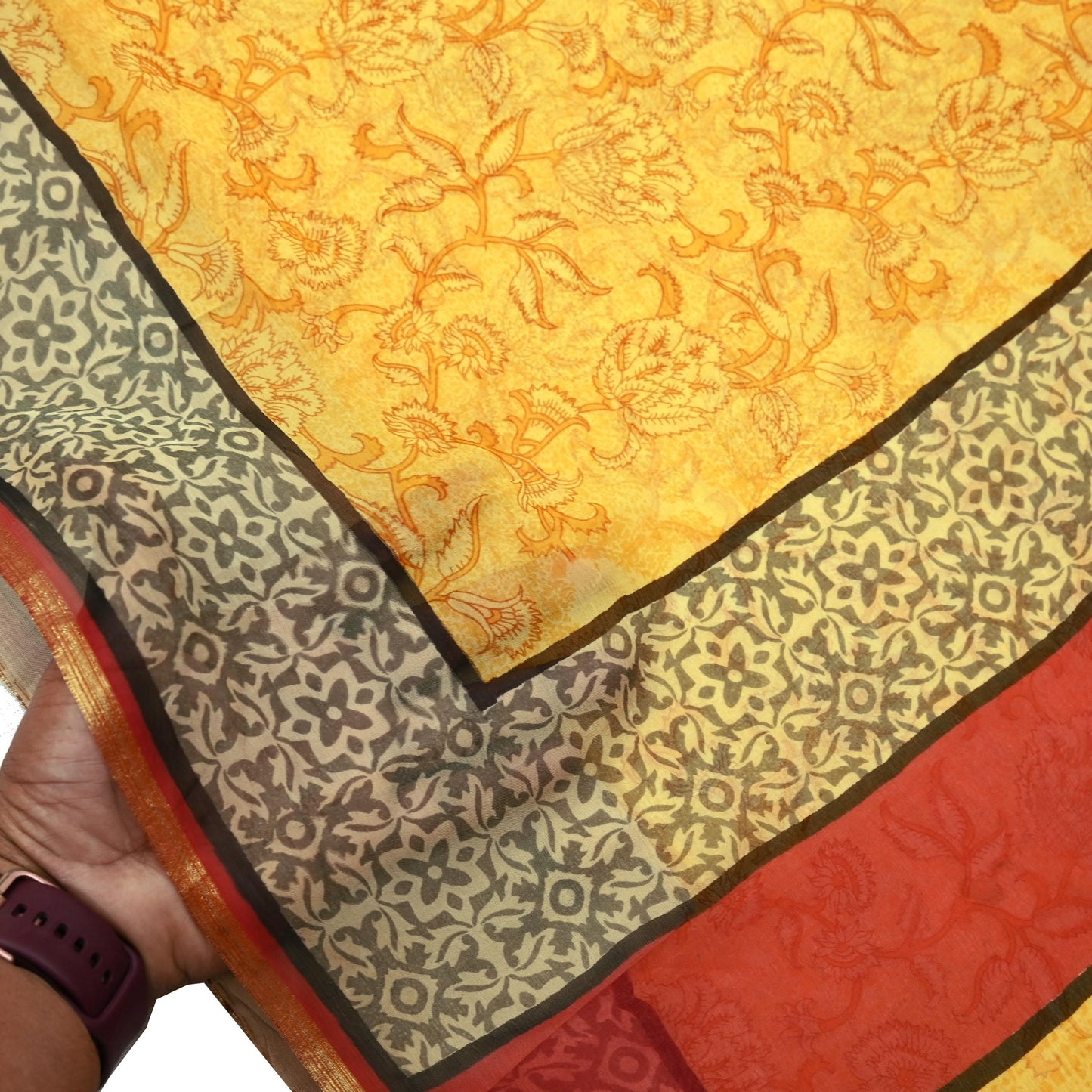 Indian Women Vintage Sari Yellow Blend Chiffon Printed Saree Sewing 5yd Soft Craft Fabric Floral Design Wrap Boho Zari Dress making Crafting