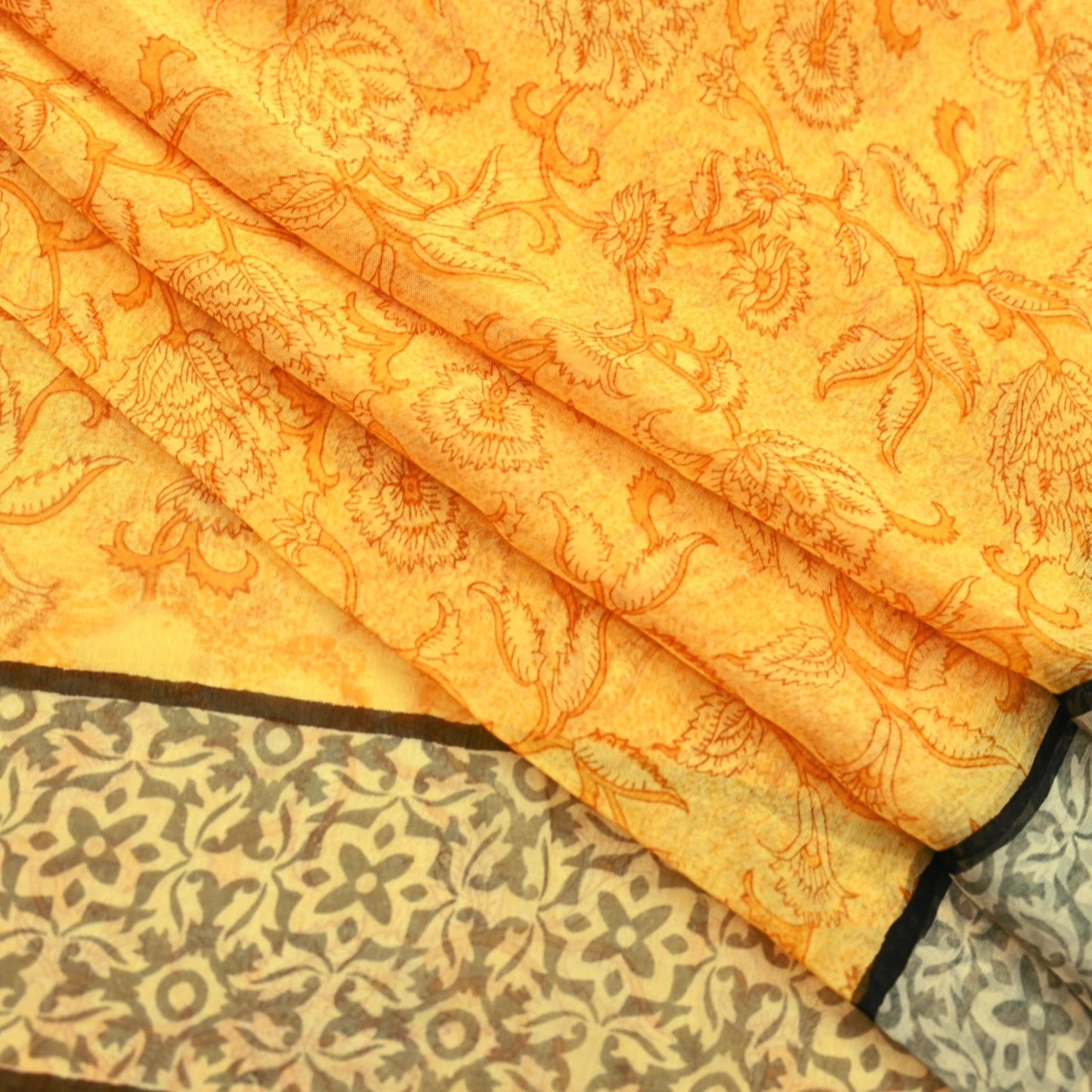 Indian Women Vintage Sari Yellow Blend Chiffon Printed Saree Sewing 5yd Soft Craft Fabric Floral Design Wrap Boho Zari Dress making Crafting