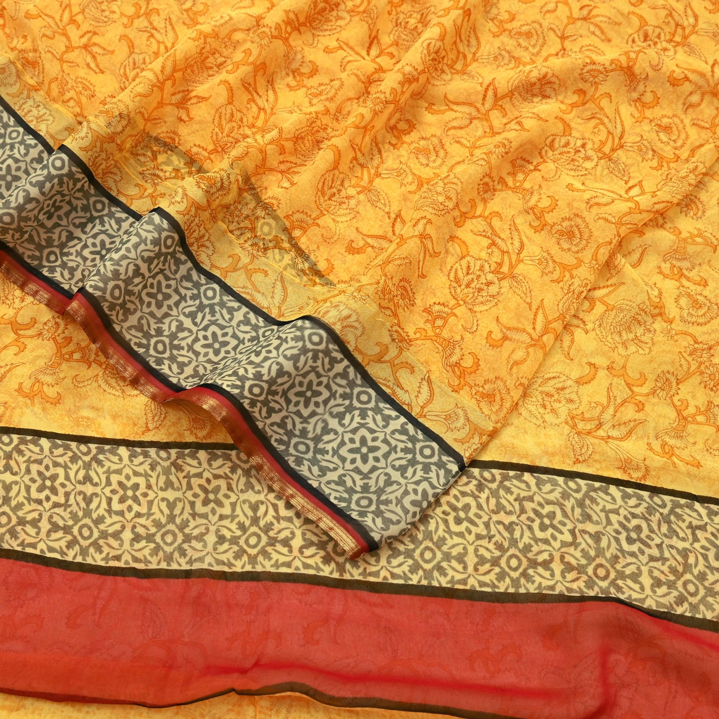 Indian Women Vintage Sari Yellow Blend Chiffon Printed Saree Sewing 5yd Soft Craft Fabric Floral Design Wrap Boho Zari Dress making Crafting