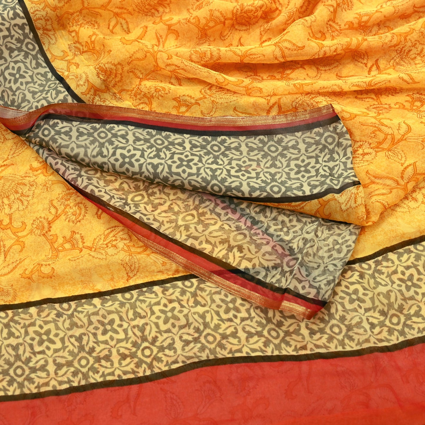 Indian Women Vintage Sari Yellow Blend Chiffon Printed Saree Sewing 5yd Soft Craft Fabric Floral Design Wrap Boho Zari Dress making Crafting