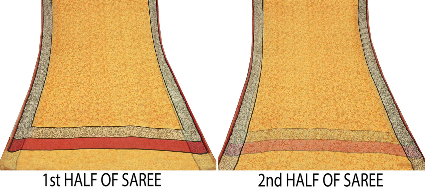 Indian Women Vintage Sari Yellow Blend Chiffon Printed Saree Sewing 5yd Soft Craft Fabric Floral Design Wrap Boho Zari Dress making Crafting