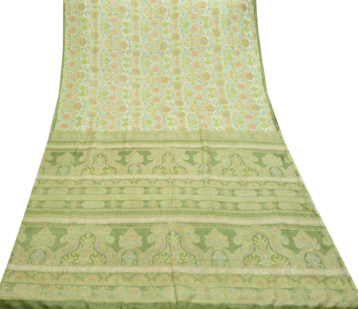 Indian Vintage Ivory & Green Saree Pure Silk Printed Sari 6yd Sewing Craft Fabric Dress Making Soft Crafting Quilting Quilting Upcycle