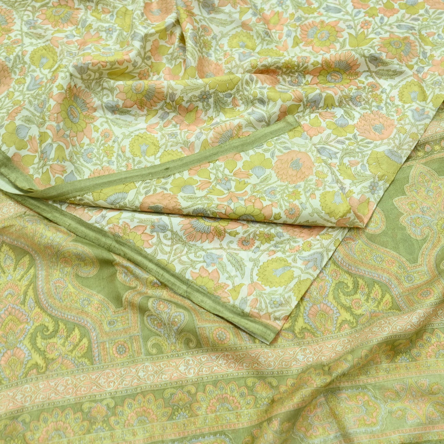 Indian Vintage Ivory & Green Saree Pure Silk Printed Sari 6yd Sewing Craft Fabric Dress Making Soft Crafting Quilting Quilting Upcycle