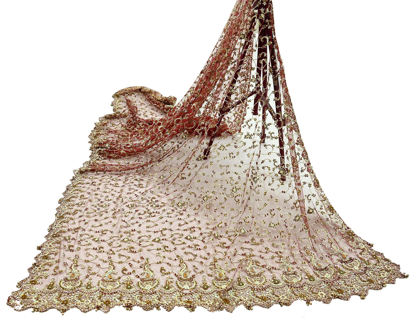 Indian Vintage Heavy Wedding Maroon Dupatta Net Mesh Long Stole Hand Embroidered Scarves Golden Zardozi Zari Sequins Dridal Veil Hijab