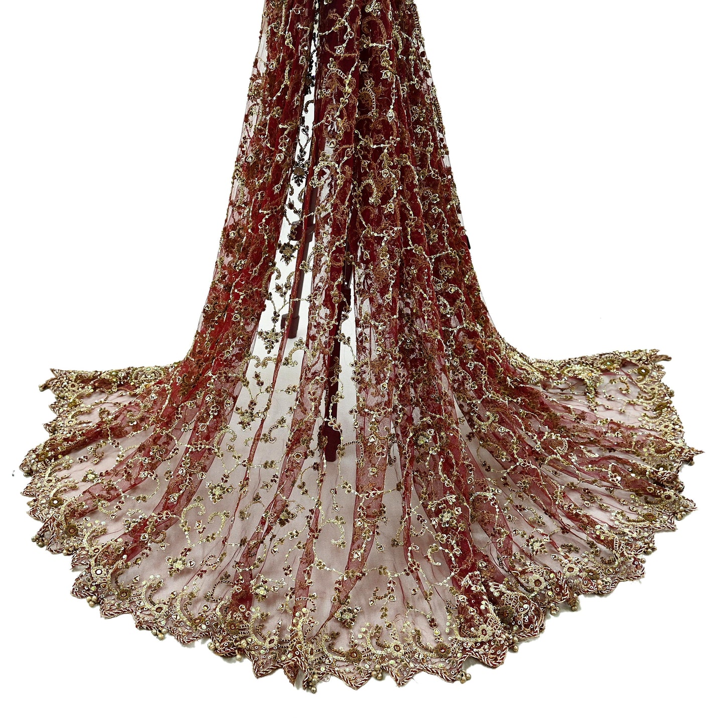 Indian Vintage Heavy Wedding Maroon Dupatta Net Mesh Long Stole Hand Embroidered Scarves Golden Zardozi Zari Sequins Dridal Veil Hijab