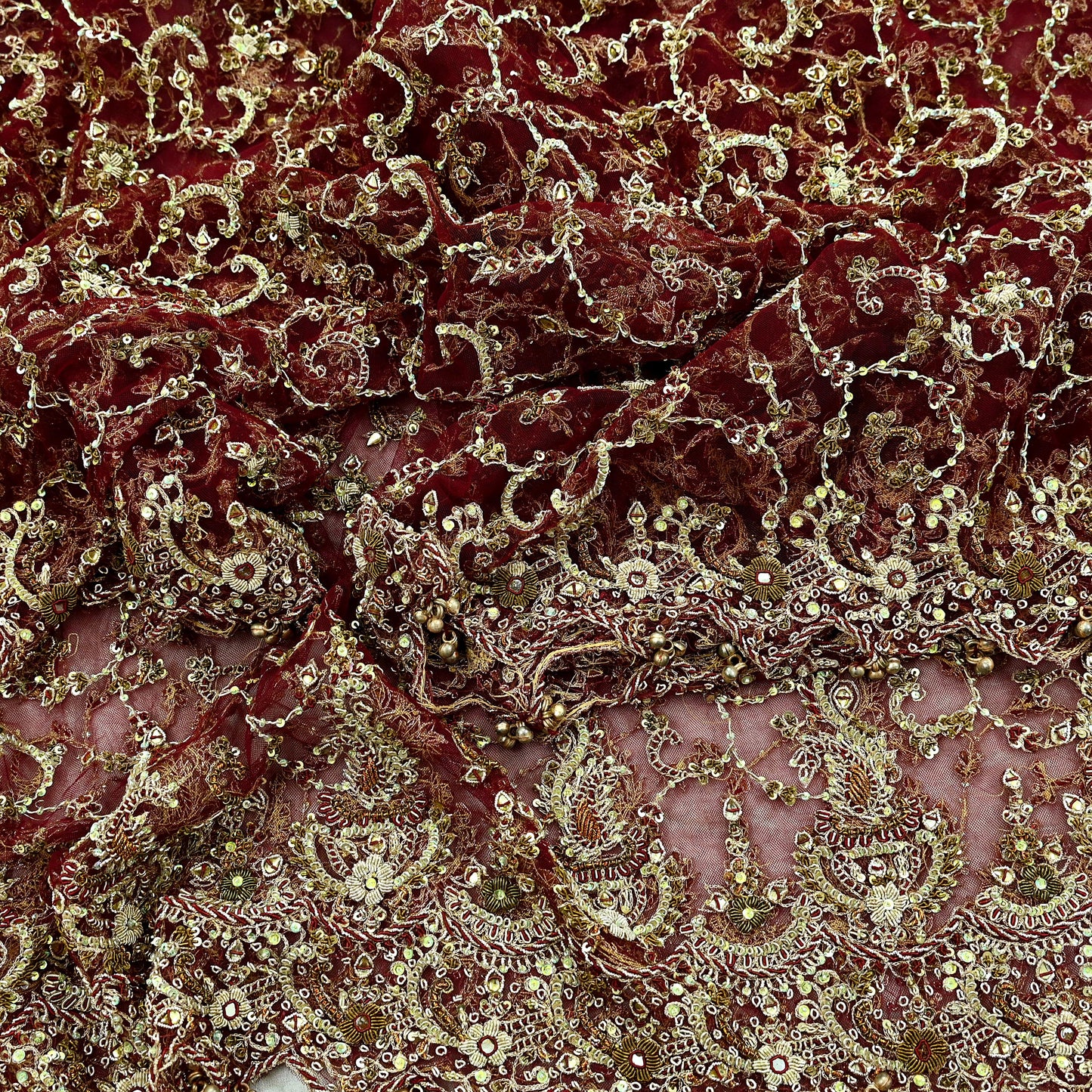 Indian Vintage Heavy Wedding Maroon Dupatta Net Mesh Long Stole Hand Embroidered Scarves Golden Zardozi Zari Sequins Dridal Veil Hijab