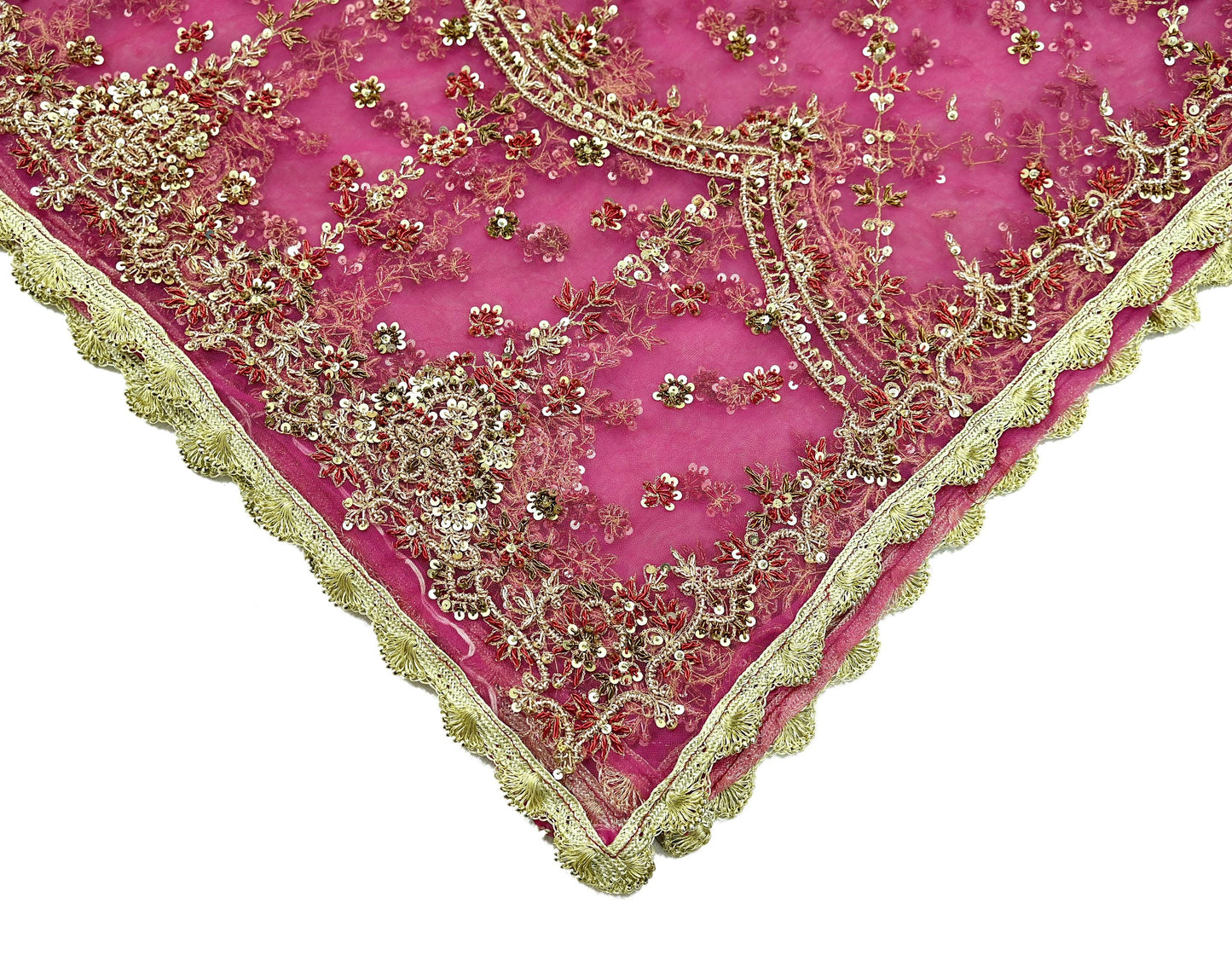 Indian Vintage Pink Dupatta Net Mesh Long Stole Hand Embroidered Scarves Golden Zardozi Zari Sequins Wedding/ Bridal Veil Hijab