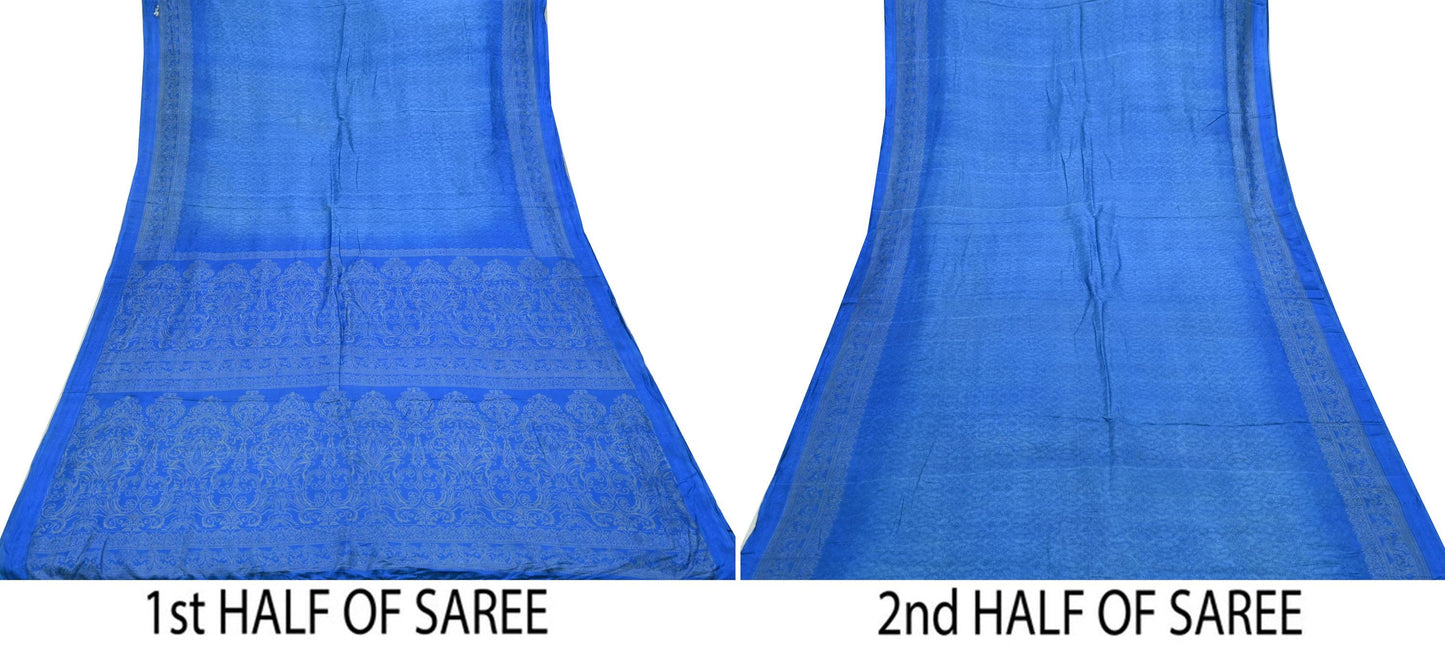 Indian Vintage Sari Blue Printed Sari Pure Silk Saree Craft Fabric Sewing 6yd Floral Soft Floral Wrap Sarong Dress making Crafting Quilting