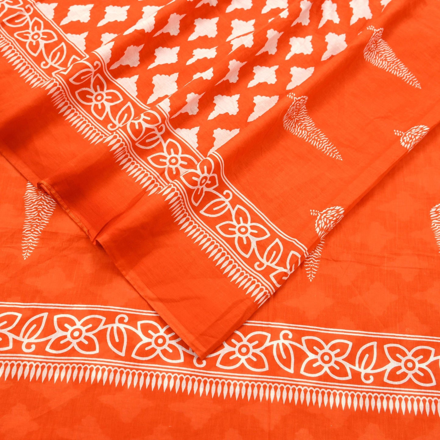 Indian Vintage Sari Orange & White Printed Pure Cotton Saree Craft Fabric 5Yd Soft Sewing Sarong Wrap Boho Dress making Crafting Quilting
