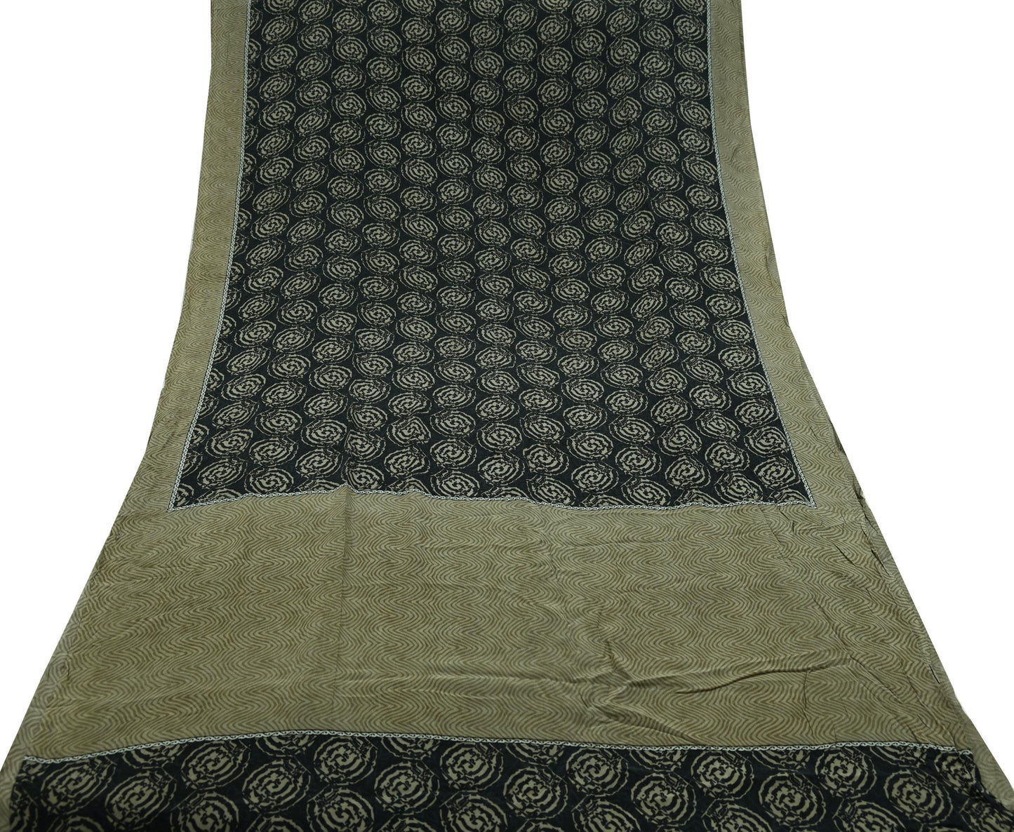 Indian Vintage Sari Green & Black Pure Crepe Silk Printed Sarees 5yd Sewing Floral Soft Craft Fabric Wrap Dress making Crafting Quilting