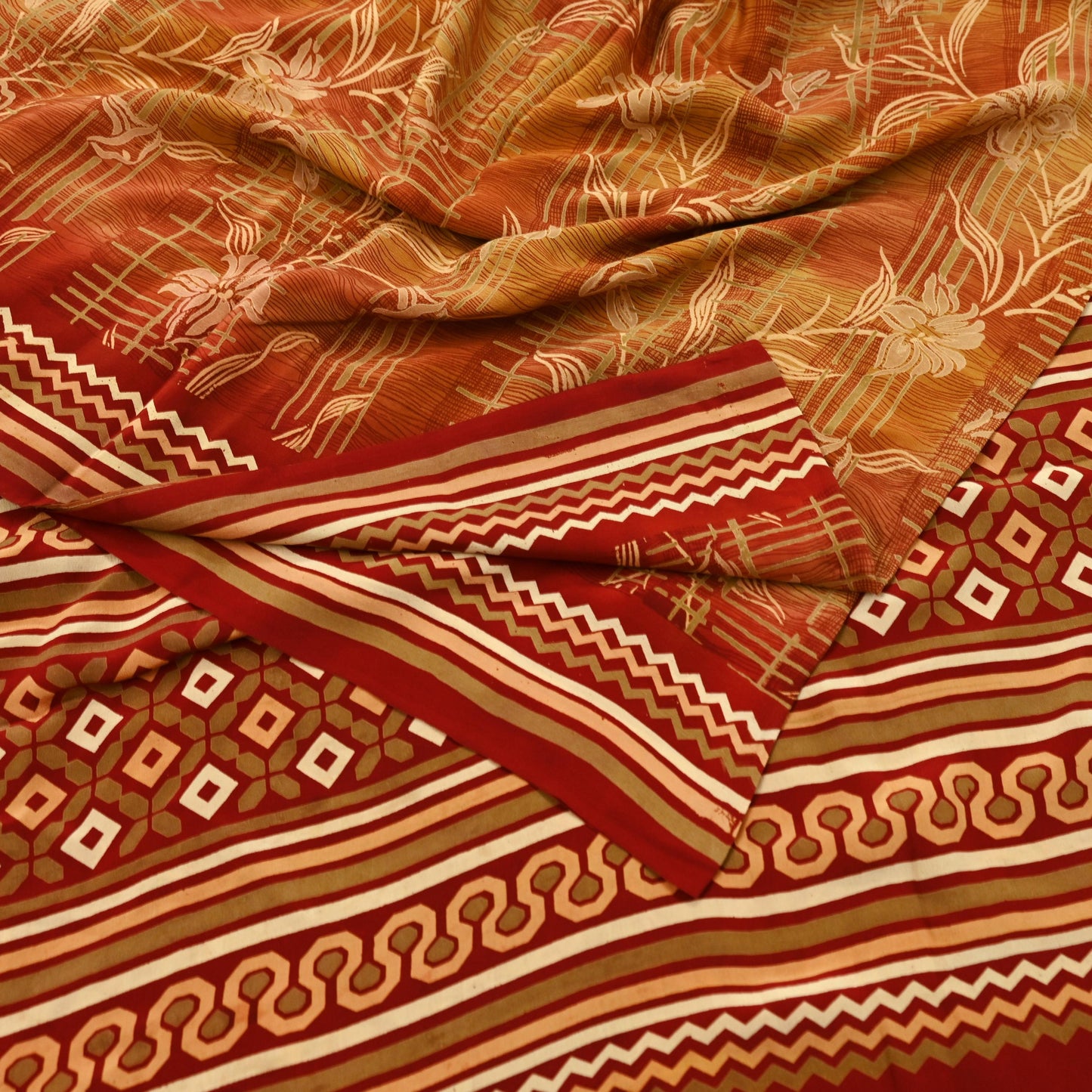 Indian Vintage Sari Pure Crepe Silk Block Printed Saree 5yd Sewing Quilting Floral Soft Craft Fabric Wrap Dress making Crafting Quilting