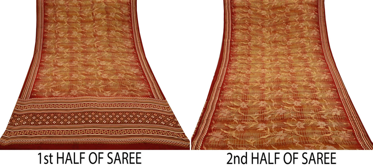 Indian Vintage Sari Pure Crepe Silk Block Printed Saree 5yd Sewing Quilting Floral Soft Craft Fabric Wrap Dress making Crafting Quilting