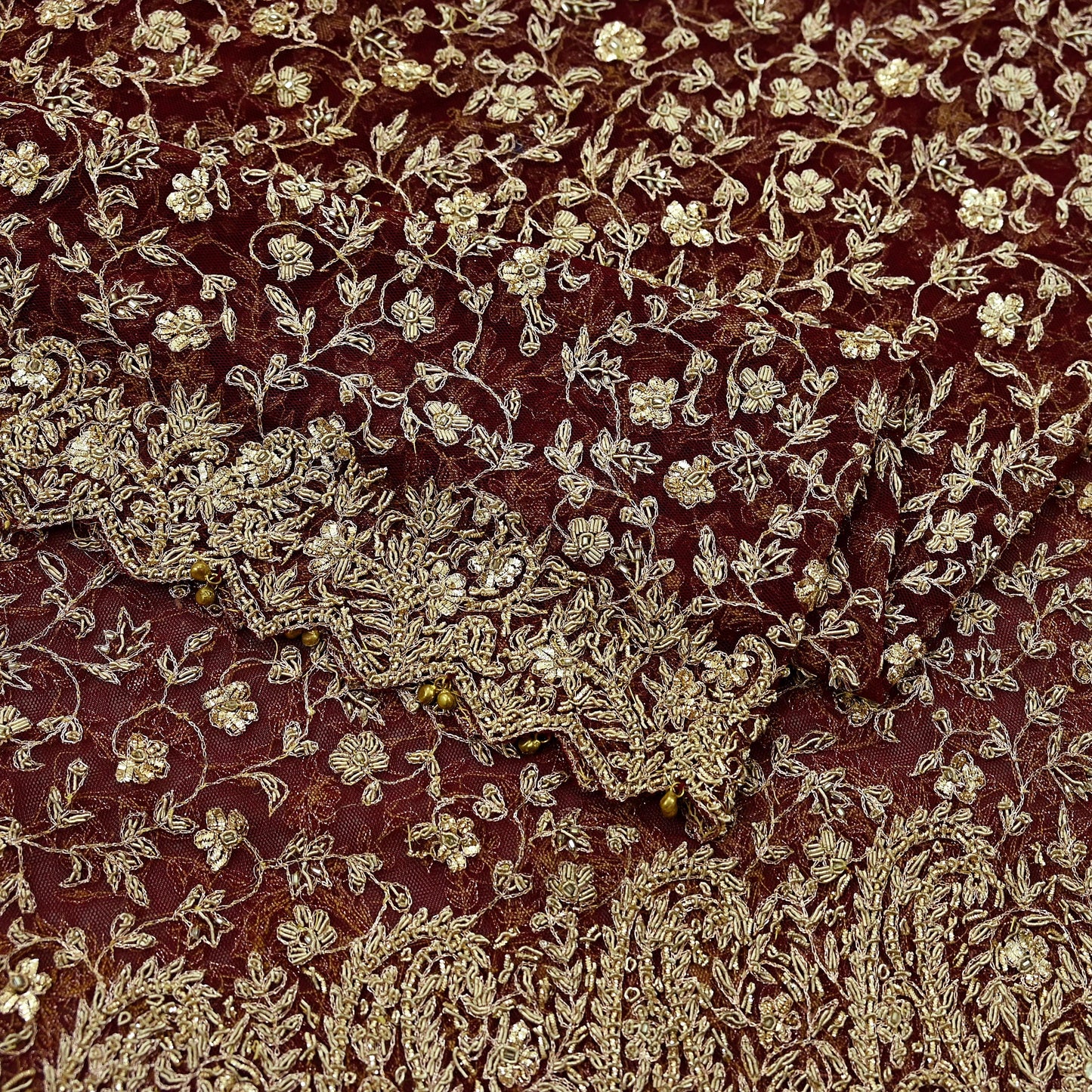 Indian Vintage Heavy Wedding Maroon Dupatta Net Mesh Long Stole Hand Embroidered Scarves Golden Zardozi Zari Sequins Dridal Veil Hijab