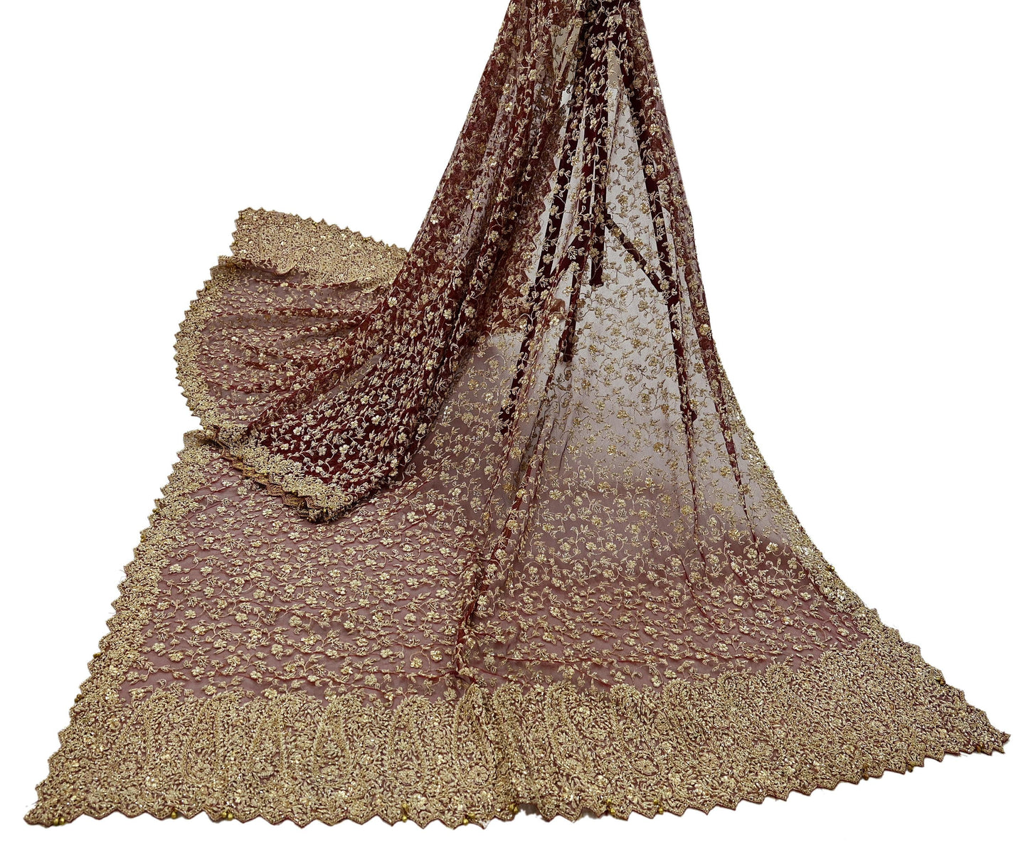 Indian Vintage Heavy Wedding Maroon Dupatta Net Mesh Long Stole Hand Embroidered Scarves Golden Zardozi Zari Sequins Dridal Veil Hijab