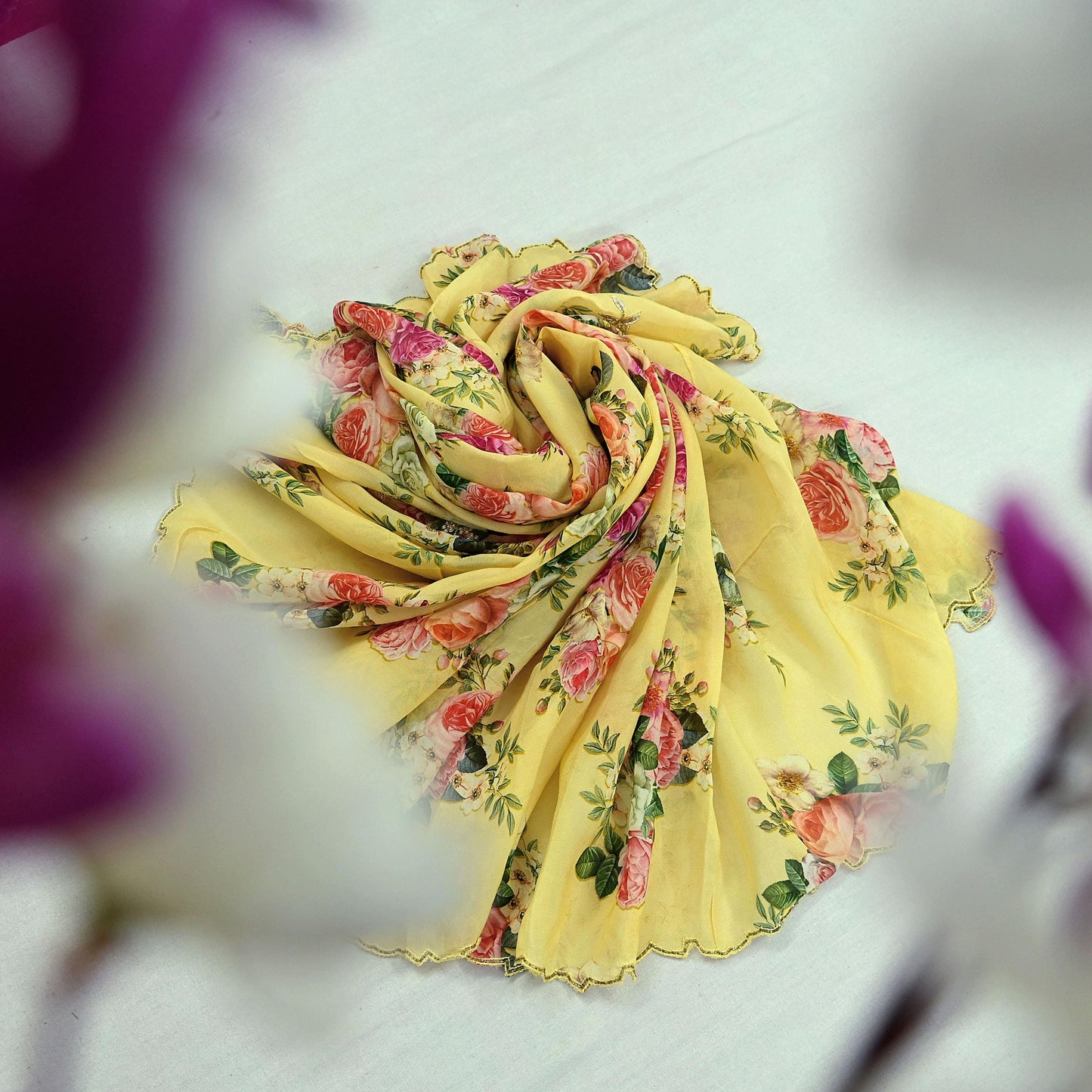 Women Indian Vintage Yellow Dupatta Long Stole Georgette Hand Embroidered Digital Printed Dupatta Veil Scarves soft Boho Wrap Dressmaking