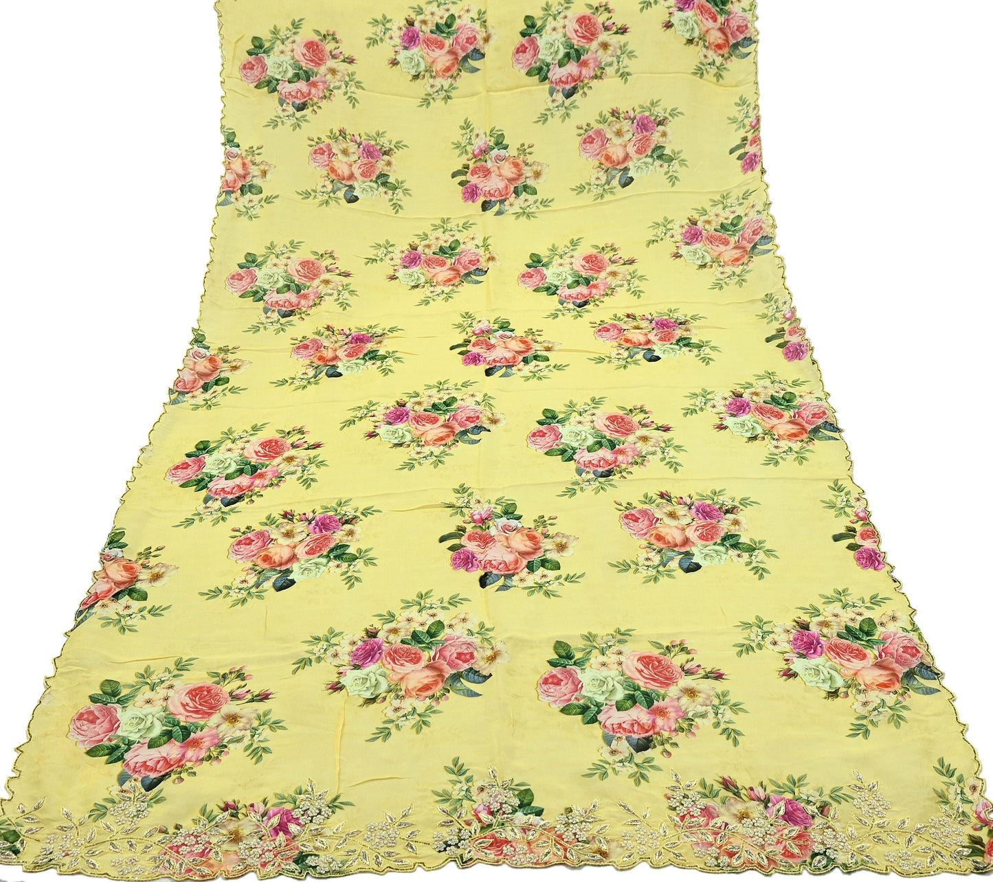 Women Indian Vintage Yellow Dupatta Long Stole Georgette Hand Embroidered Digital Printed Dupatta Veil Scarves soft Boho Wrap Dressmaking