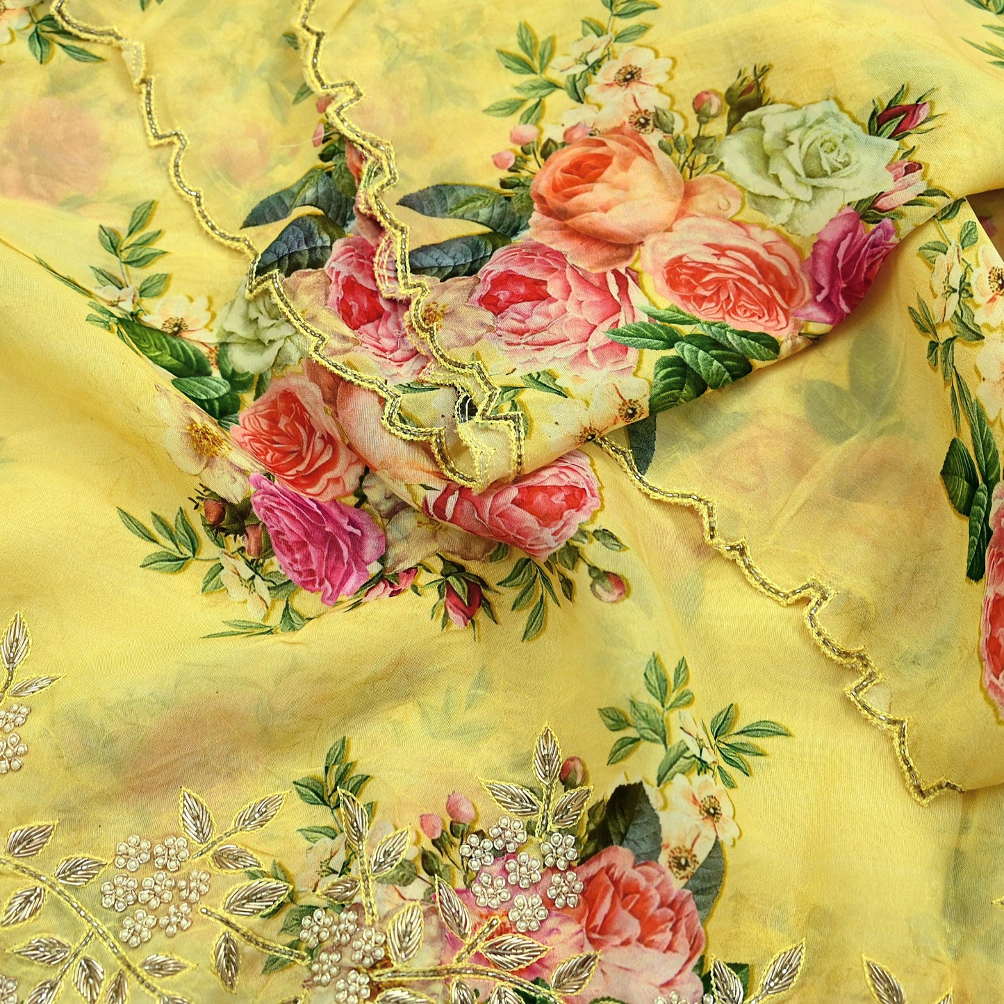 Women Indian Vintage Yellow Dupatta Long Stole Georgette Hand Embroidered Digital Printed Dupatta Veil Scarves soft Boho Wrap Dressmaking
