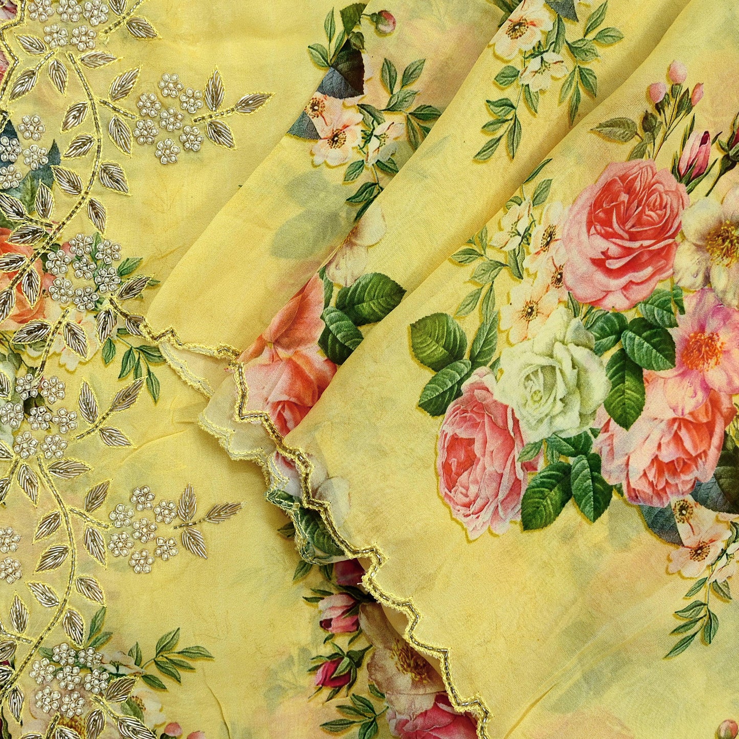 Women Indian Vintage Yellow Dupatta Long Stole Georgette Hand Embroidered Digital Printed Dupatta Veil Scarves soft Boho Wrap Dressmaking