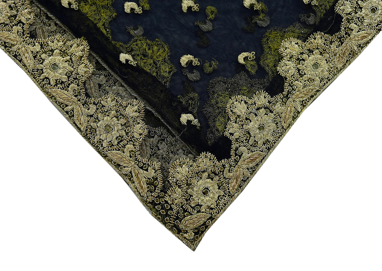 Indian Vintage Heavy Blue Dupatta Net Mesh Long Stole Hand Embroidered Scarves Golden Zardozi Dabka Zari Stole Wedding Bridal Veil