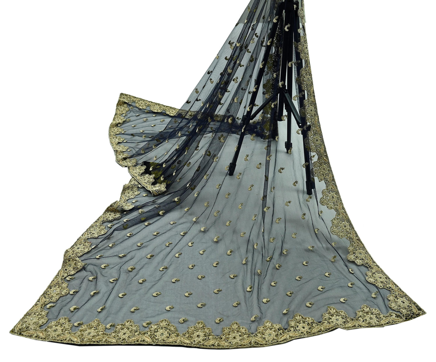 Indian Vintage Heavy Blue Dupatta Net Mesh Long Stole Hand Embroidered Scarves Golden Zardozi Dabka Zari Stole Wedding Bridal Veil
