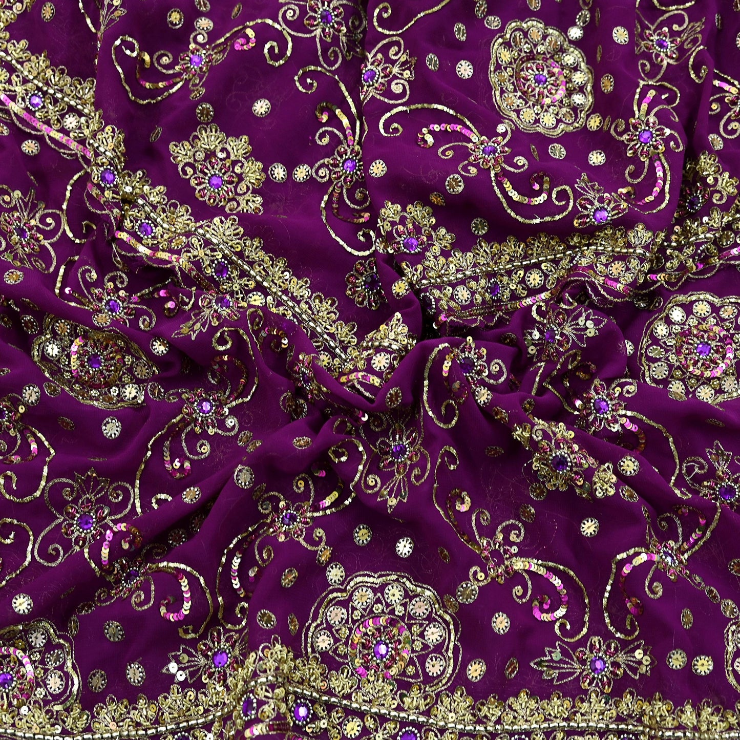 Indian Vintage Heavy Purple Dupatta Georgette Long Stole Hand Embroidered Scarf Zari Zardozi Wedding/Bridal Veil Hijab