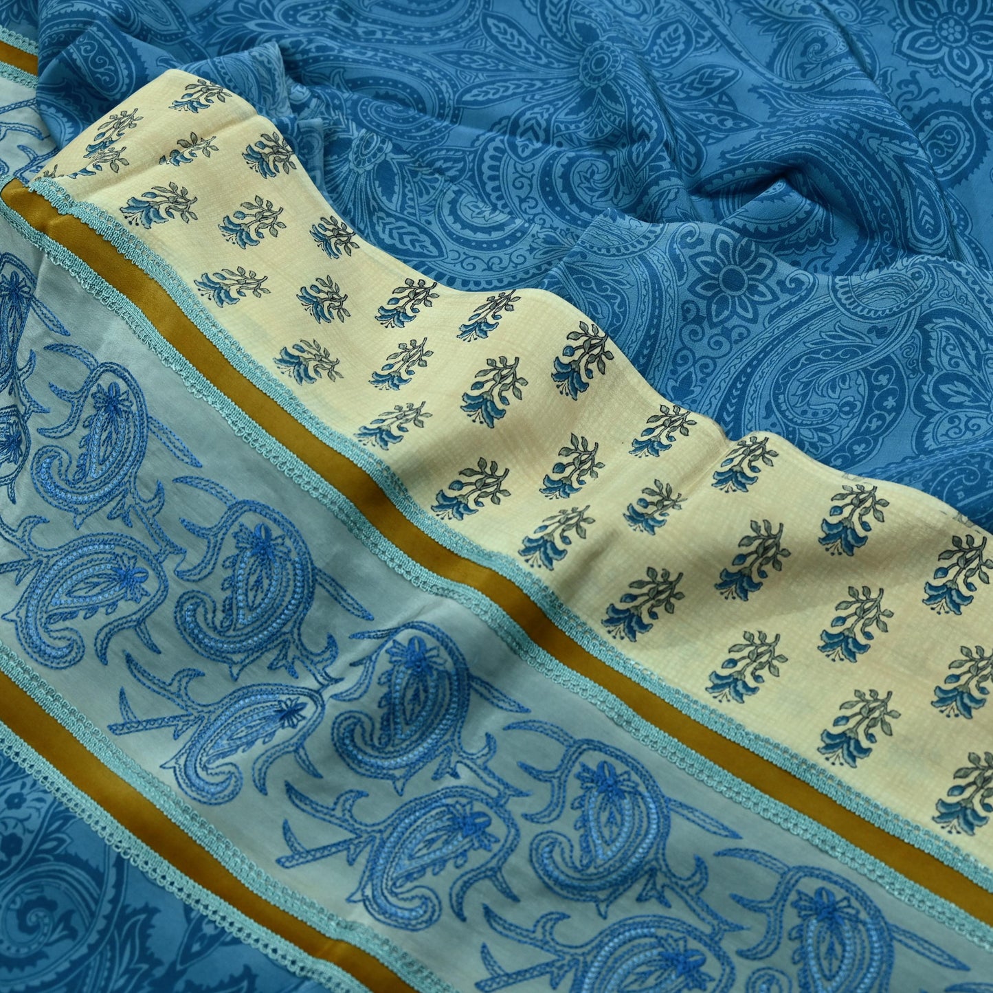 Indian Vintage Blue Saree Pure Crepe Silk Hand Embroidered Sari Craft Fabric 5yd Sewing Floral Sequins Dress making Crafting Quilting