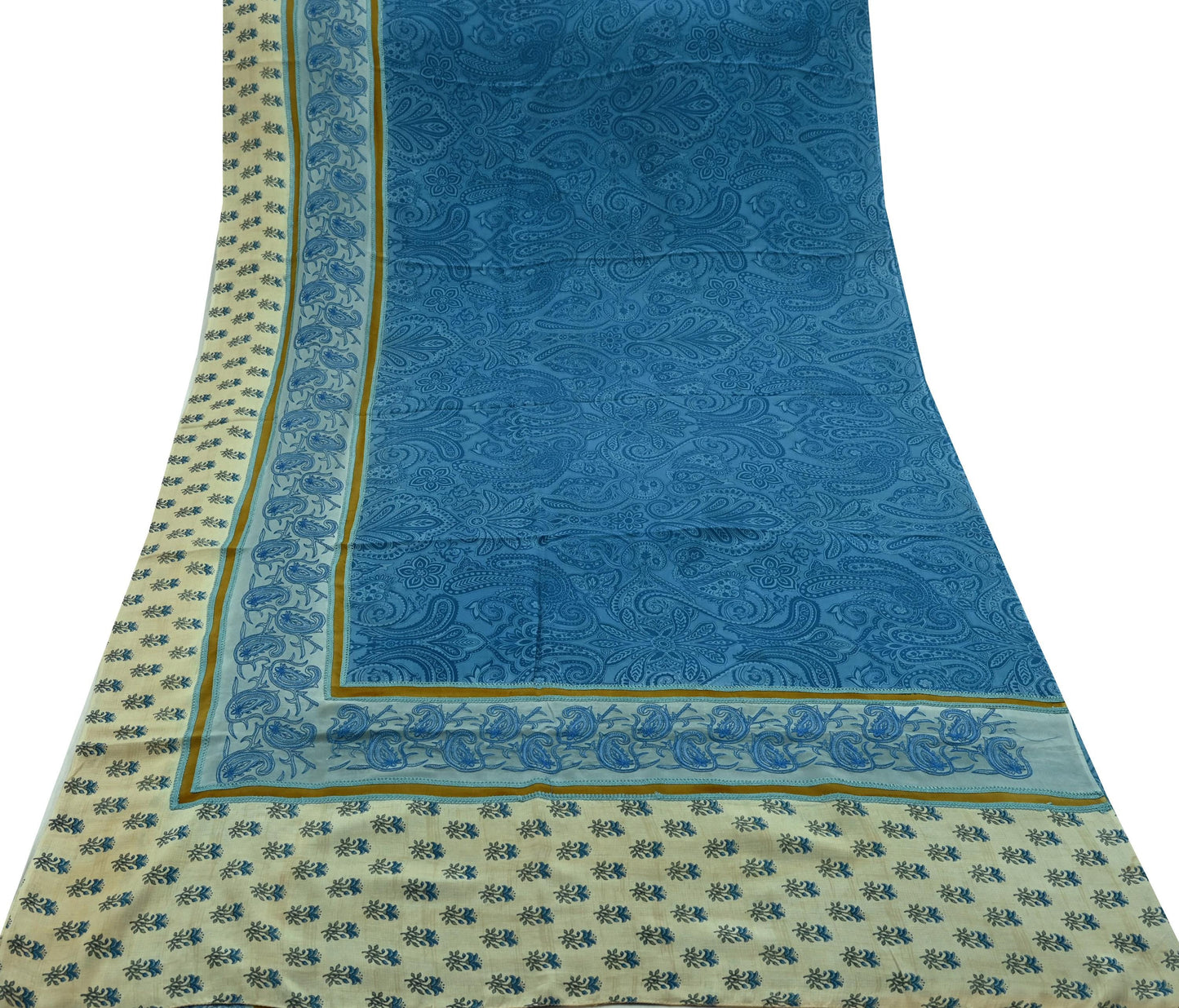 Indian Vintage Blue Saree Pure Crepe Silk Hand Embroidered Sari Craft Fabric 5yd Sewing Floral Sequins Dress making Crafting Quilting