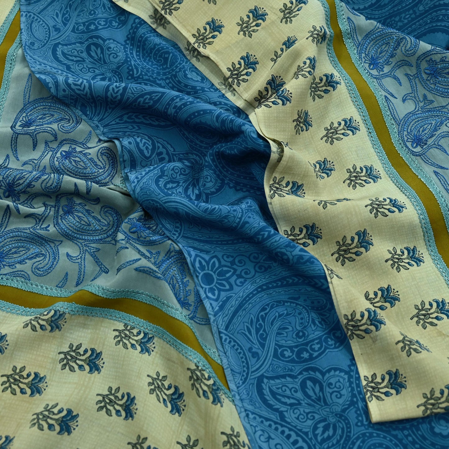 Indian Vintage Blue Saree Pure Crepe Silk Hand Embroidered Sari Craft Fabric 5yd Sewing Floral Sequins Dress making Crafting Quilting