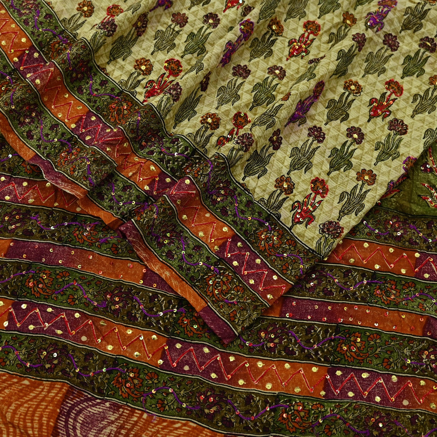 Indian Vintage Sari Multi Pure Crepe Silk Hand Embroidered Saree 5yd Craft Fabric Sewing Paisley Sequins Dress Making Crafting Quilting