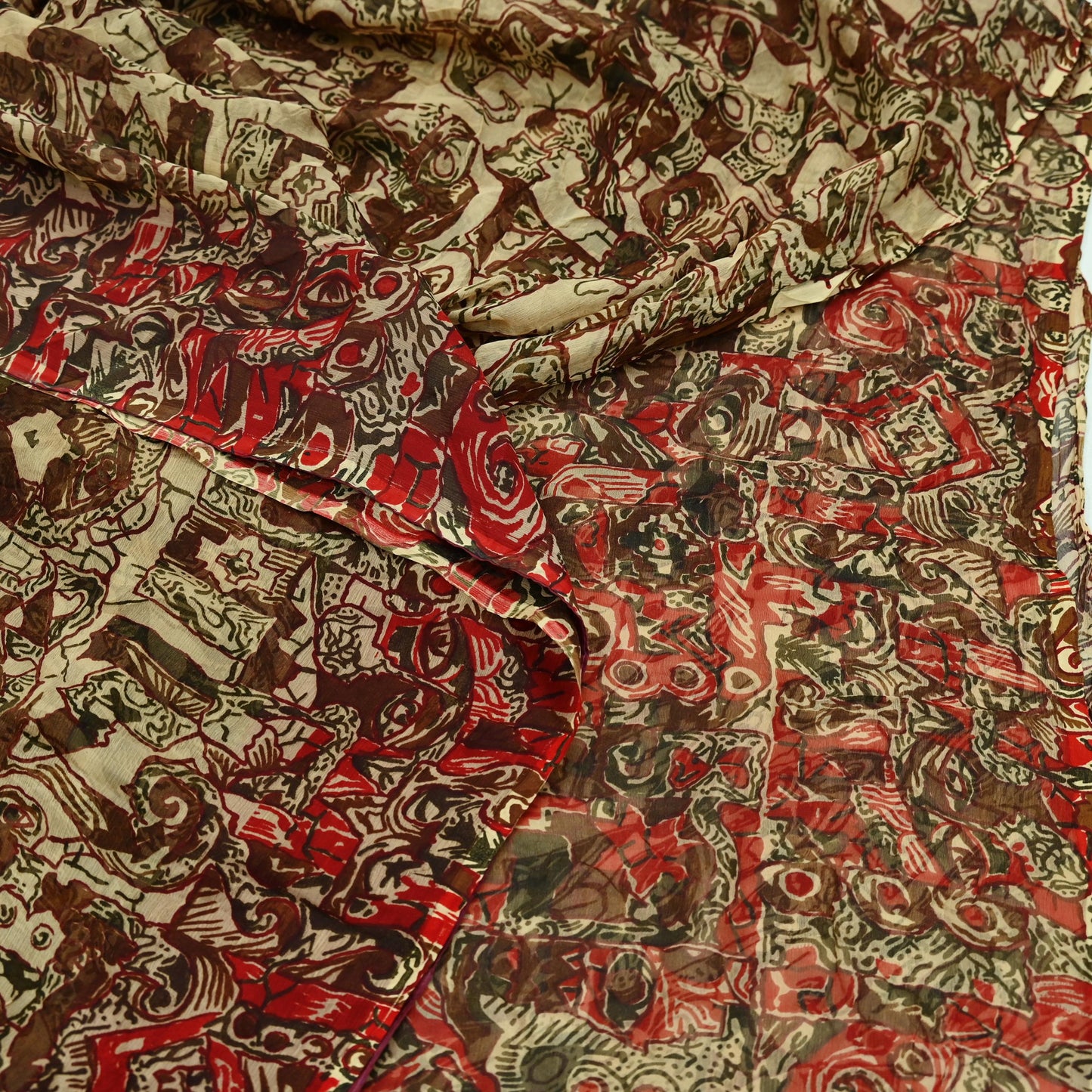 Women Vintage Sari Beige Pure Chiffon Silk Printed Sarees Craft Fabric Sewing 5Yd Soft Dress Making Floral Crafting Quilting Upcycle Used