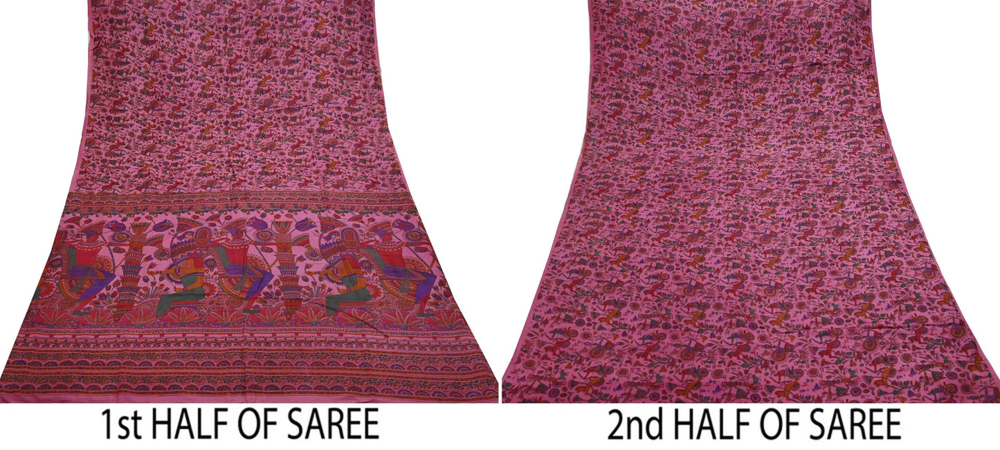 Indian Vintage Sari Pink Pure Silk Printed Sarees 5yd Sewing Craft Fabric Dress Making Soft Wrap Floral Crafting Quilting Upcycle