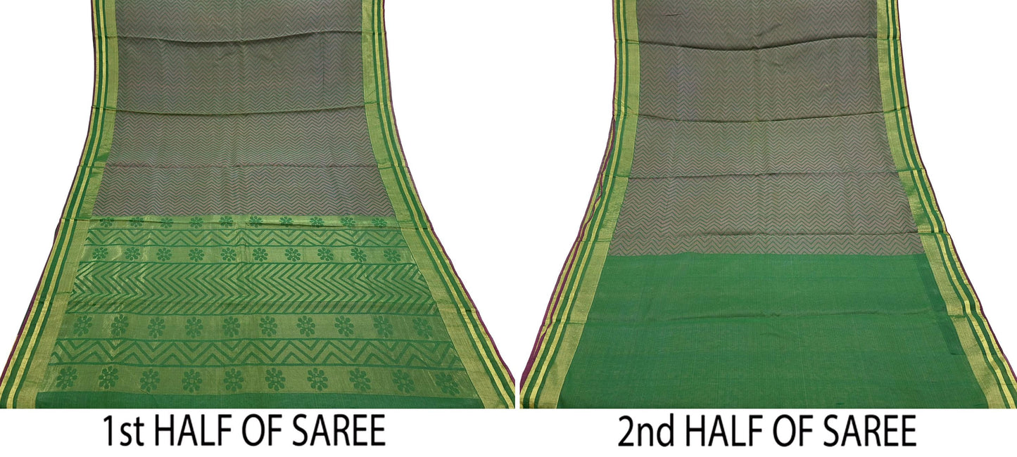 Indian Vintage Sarees Green 100% Pure Silk Hand Woven Sari Craft Fabric 5Yd Ethnic Floral Zari Dress making Crafting Upcycle