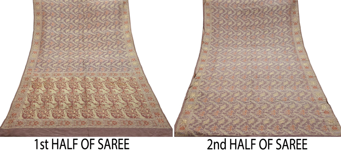 Indian Vintage Sari Brown 100% Pure Silk Hand Woven Sarees Craft Fabric 5Yd Ethnic Sewing Dress making Crafting Quilting Upcycle