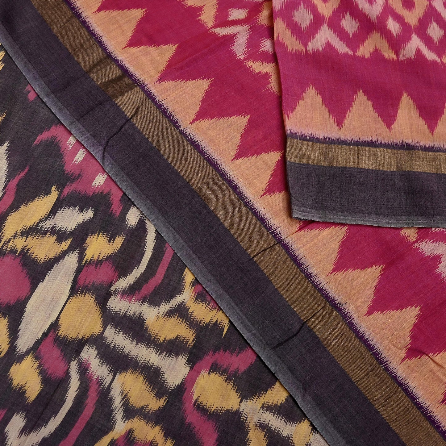 Indian Vintage Pink & Brown Saree Pure Silk Pochampally Hand Woven Ikat Sari Craft Fabric 5Yd Ethnic Zari Border Dress making Fringes