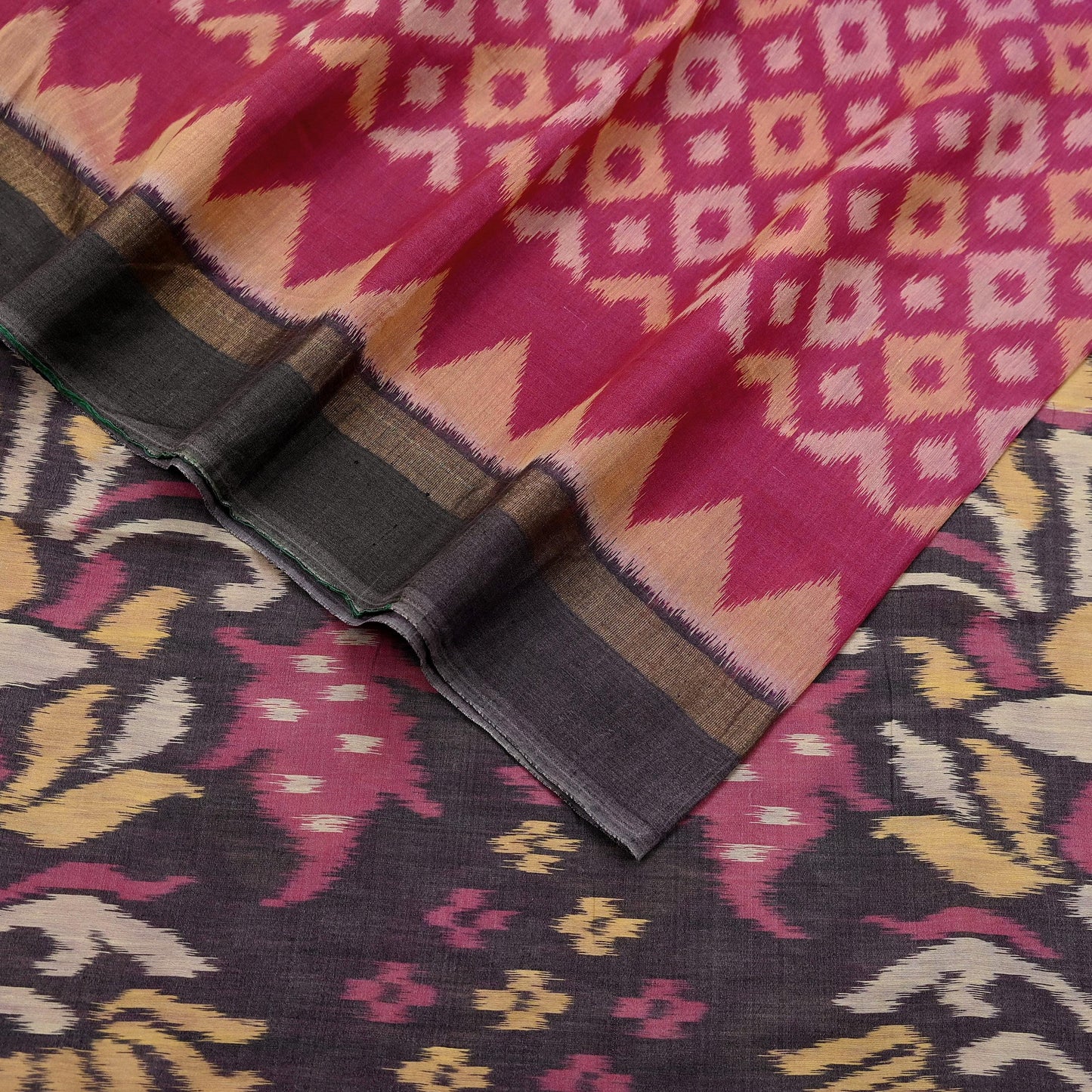 Indian Vintage Pink & Brown Saree Pure Silk Pochampally Hand Woven Ikat Sari Craft Fabric 5Yd Ethnic Zari Border Dress making Fringes