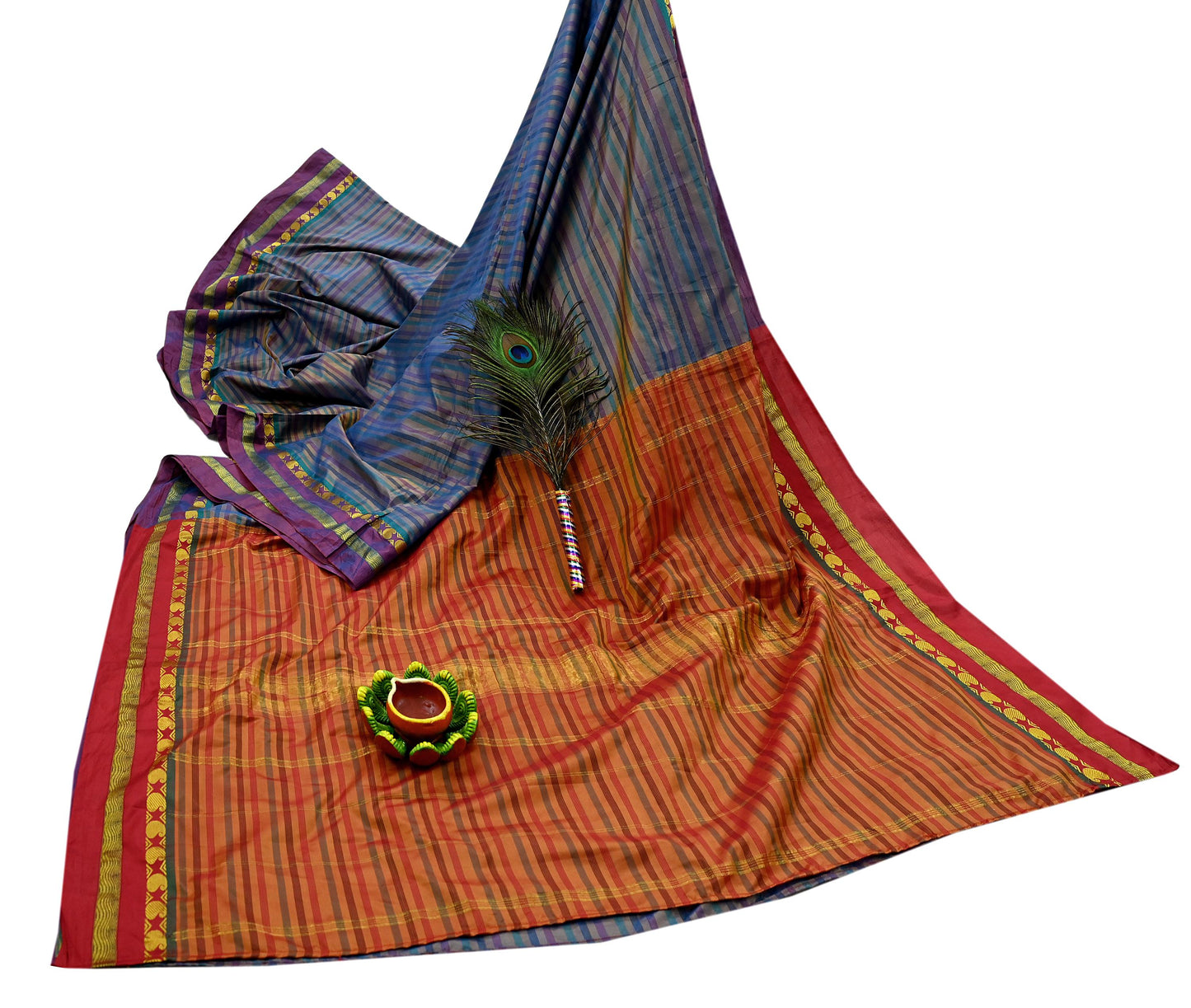 Indian Vintage Sari Blue & Saffron Artificial Silk Hand Woven Sarees 5yd Ethnic Craft Fabric Sewing Dress making Crafting