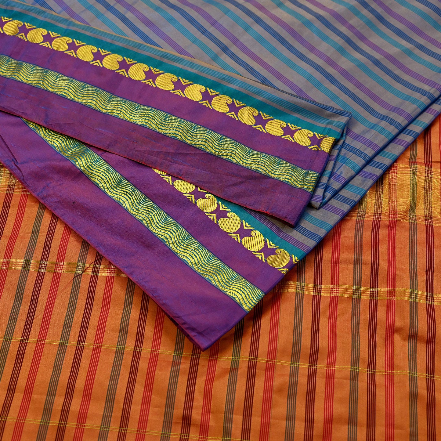Indian Vintage Sari Blue & Saffron Artificial Silk Hand Woven Sarees 5yd Ethnic Craft Fabric Sewing Dress making Crafting